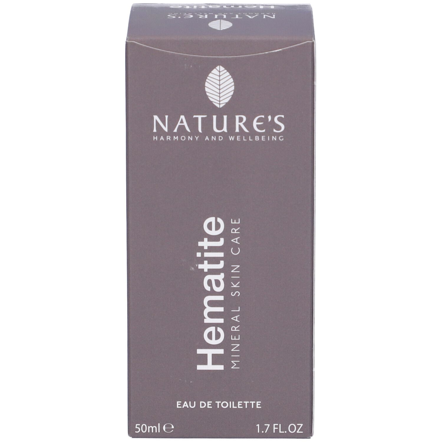 Scatola di Nature's Hematite Eau de Toilette. Scritta: Hematite, Mineral Skin Care, Eau de Toilette.