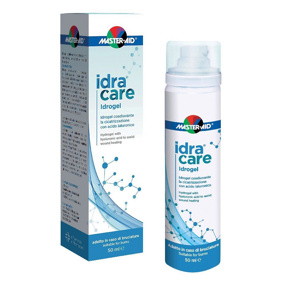 Confezione e flacone. Scritta: idra care Idrogel. Con acido ialuronico per la guarigione. 50 ml.