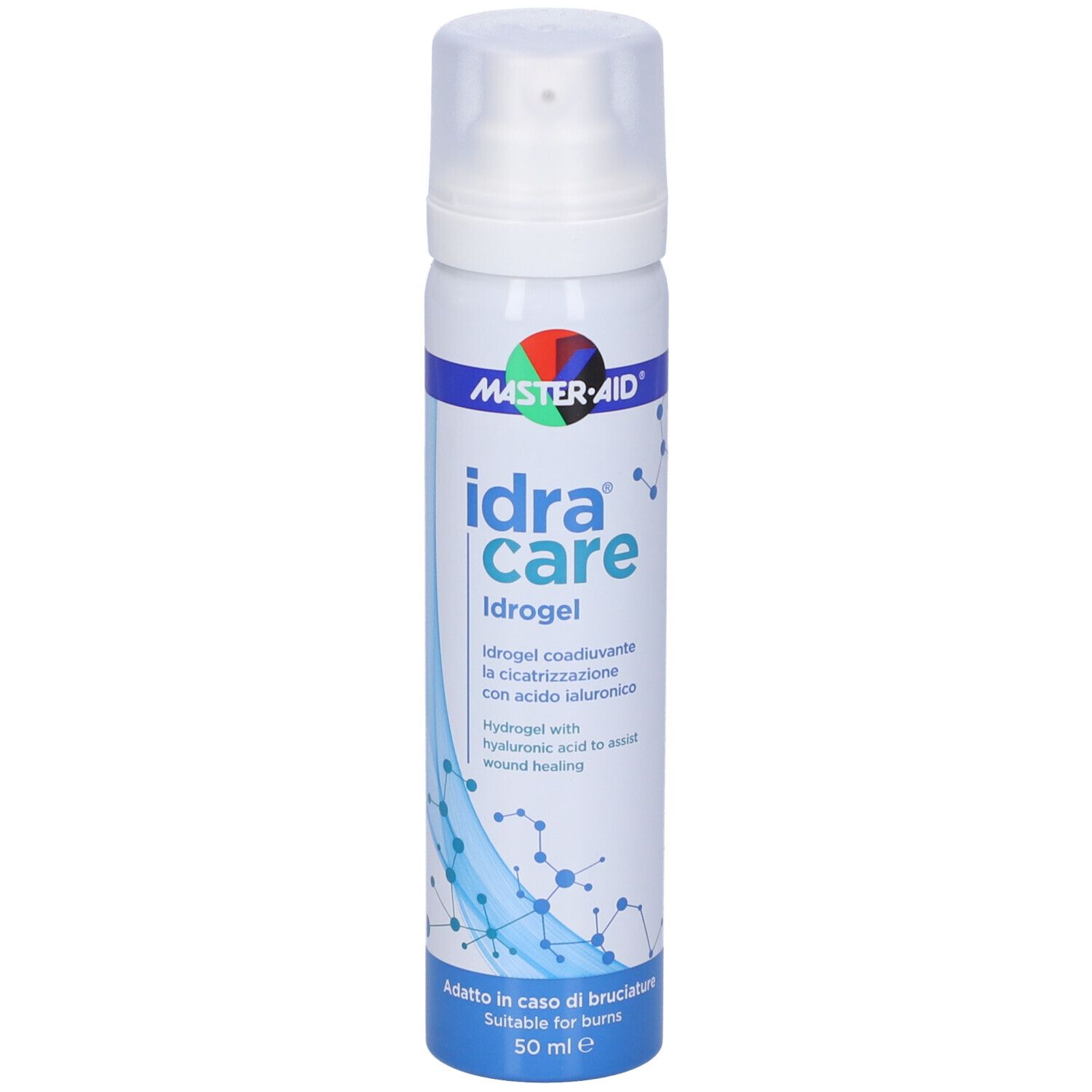 Flacone con erogatore spray. Scritta: idra care Idrogel. Con acido ialuronico. 50 ml.