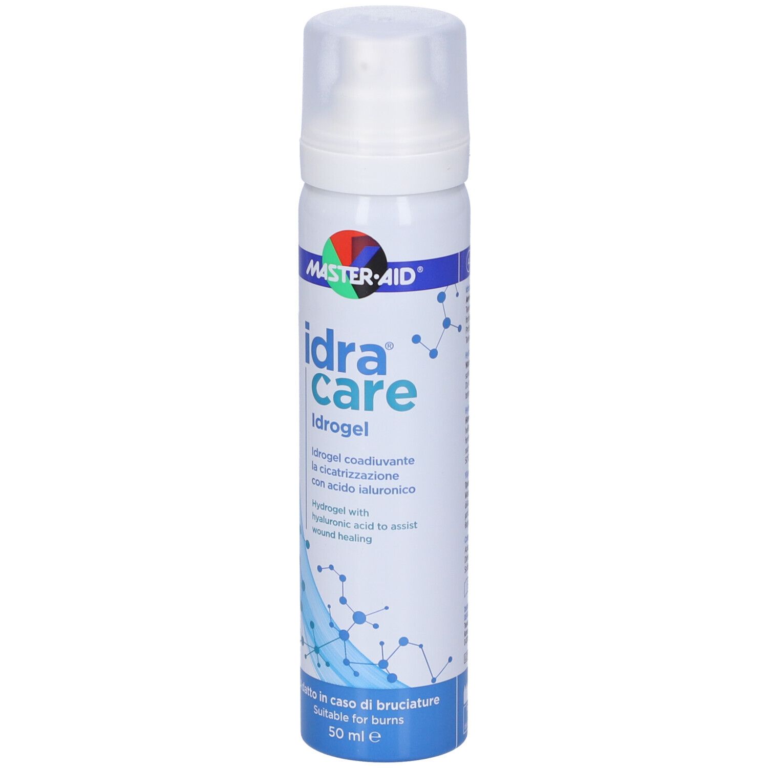 Flacone con erogatore spray. Scritta: idra care Idrogel. Con acido ialuronico. 50 ml.