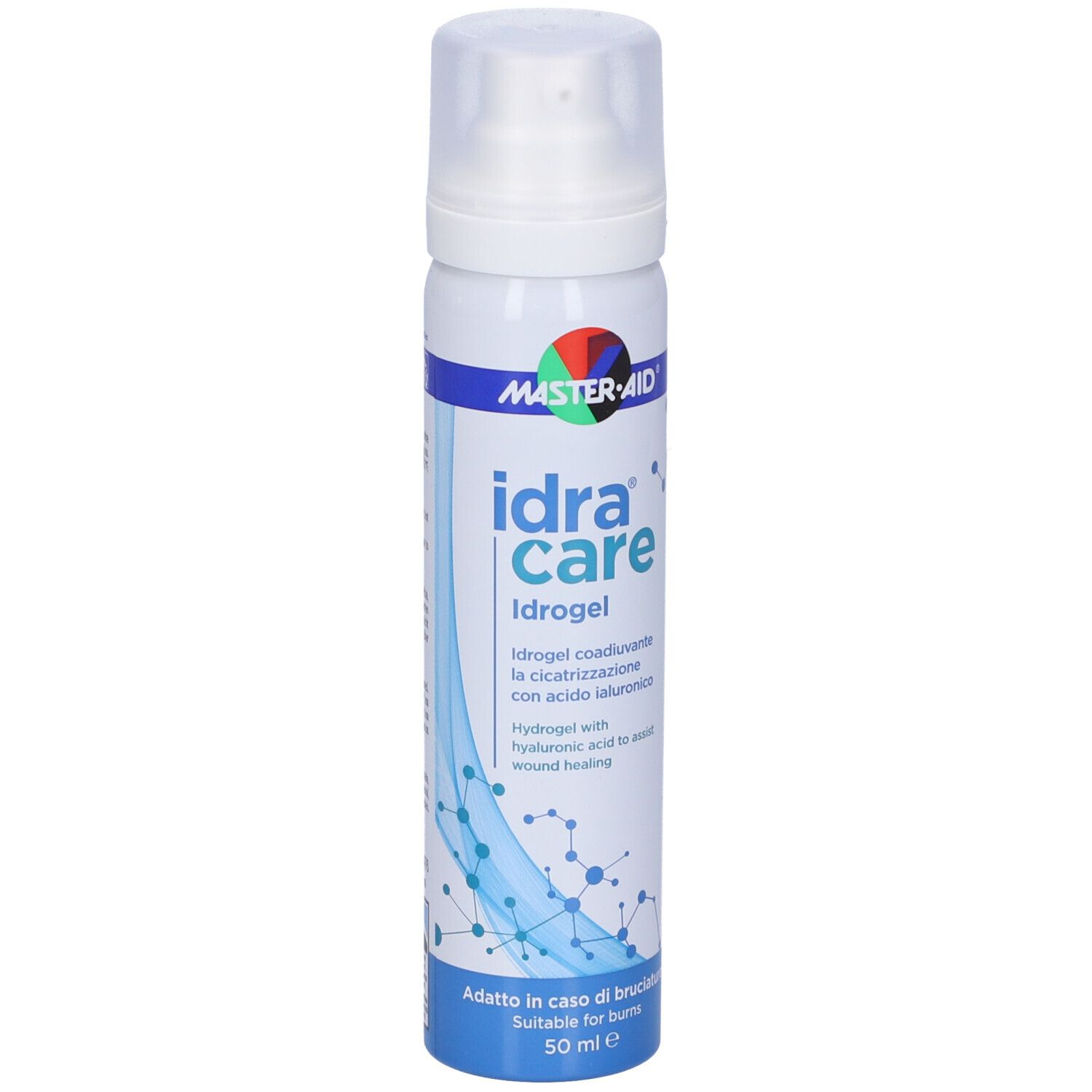 Flacone con erogatore spray. Scritta: idra care Idrogel. Con acido ialuronico. 50 ml.