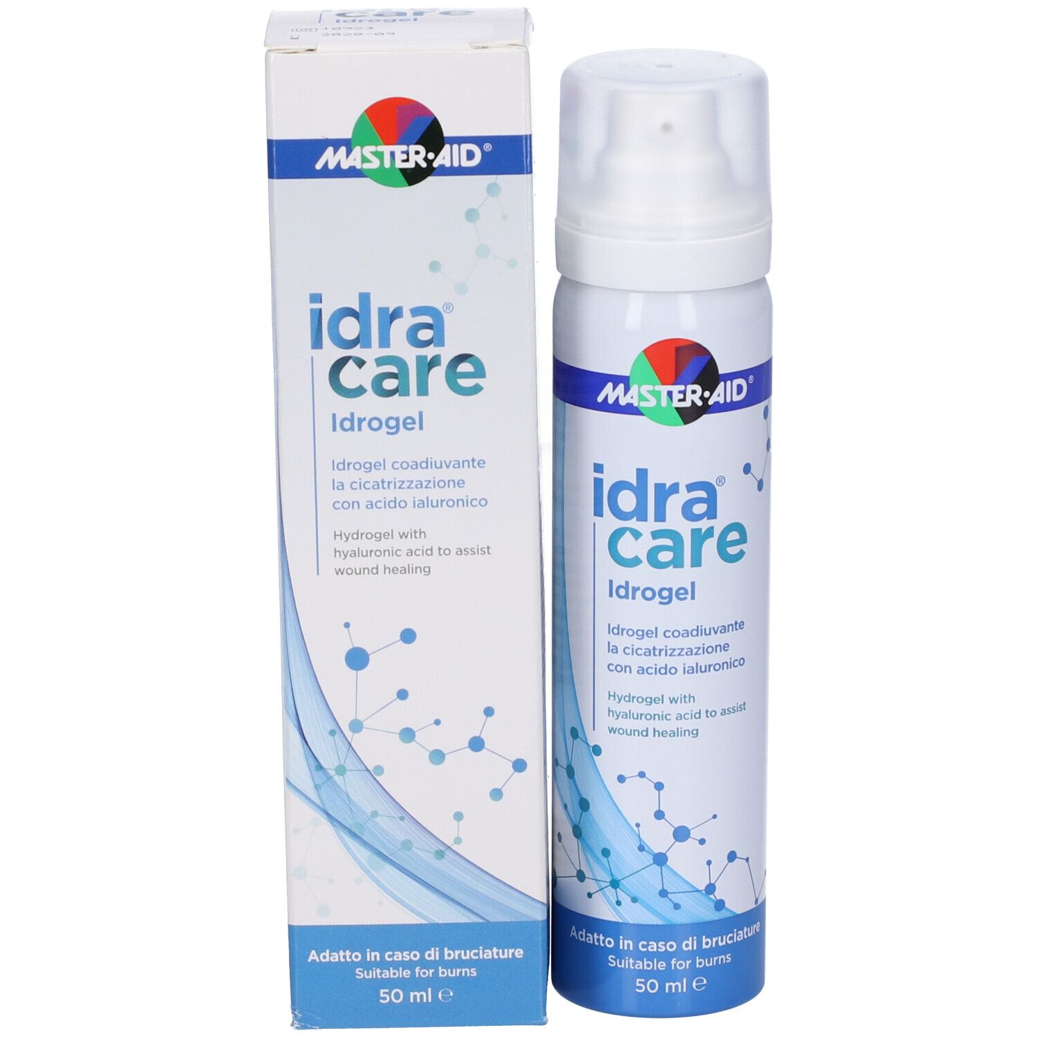 Confezione e flacone. Scritta: idra care Idrogel. Con acido ialuronico. 50 ml.