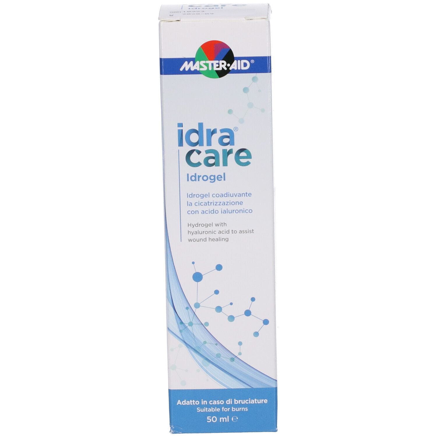 Confezione del prodotto. Scritta: idra care Idrogel. Con acido ialuronico. 50 ml.