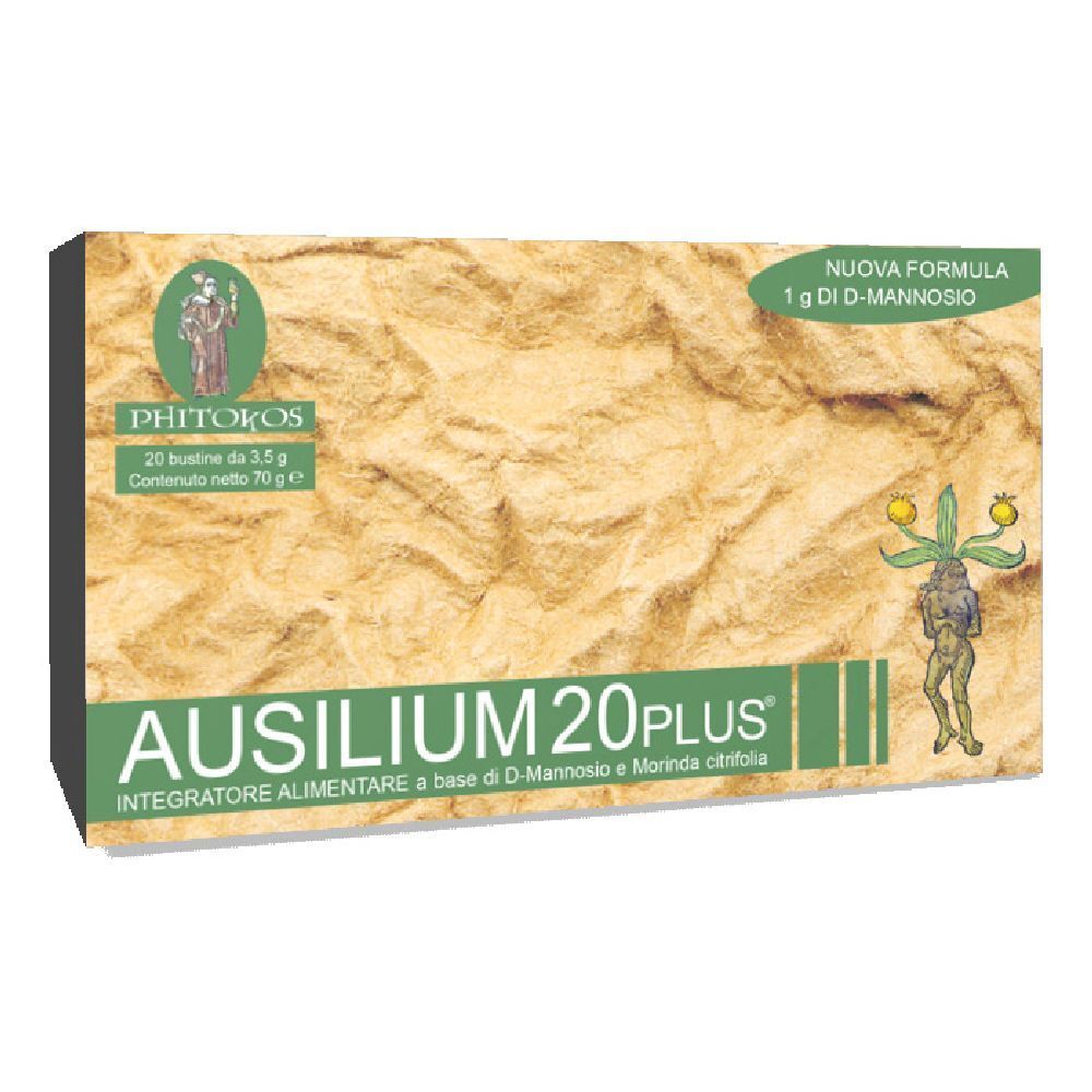 Boîte Ausilium 20 Plus® Bustine. Vert et beige, avec nom et logo. Contient 20 sachets.