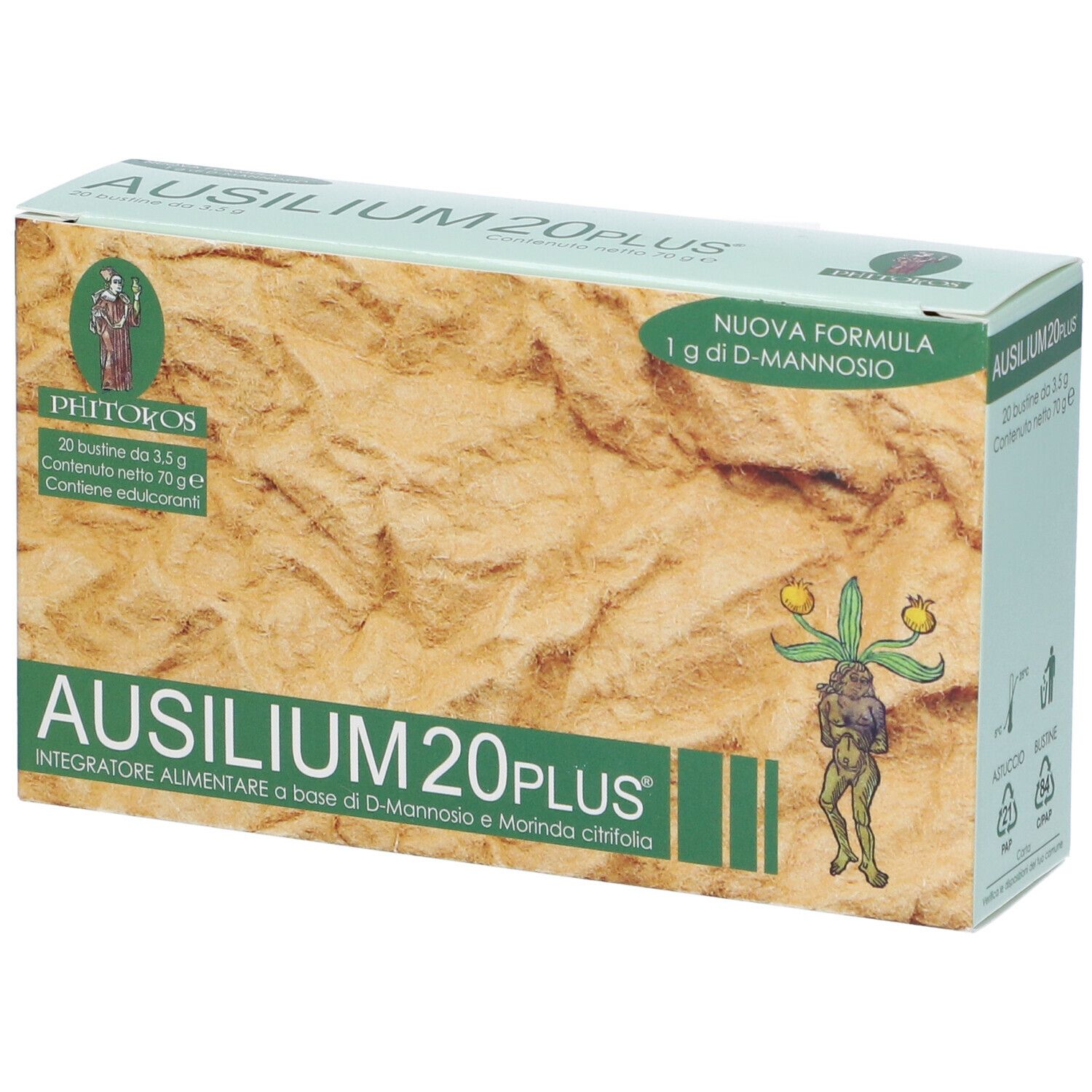 Boîte Ausilium 20 Plus® Bustine en biais. Vert et beige, nom, logo et 20 sachets.
