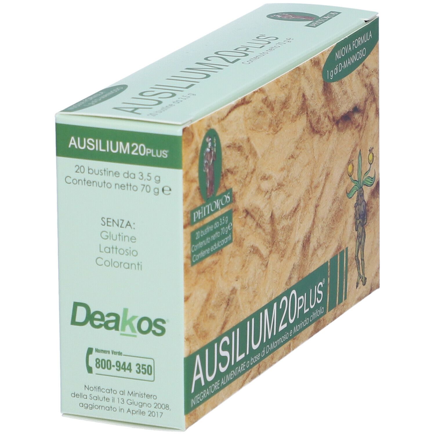 Boîte Ausilium 20 Plus® Bustine en biais. Vert et beige, nom, logo et informations.