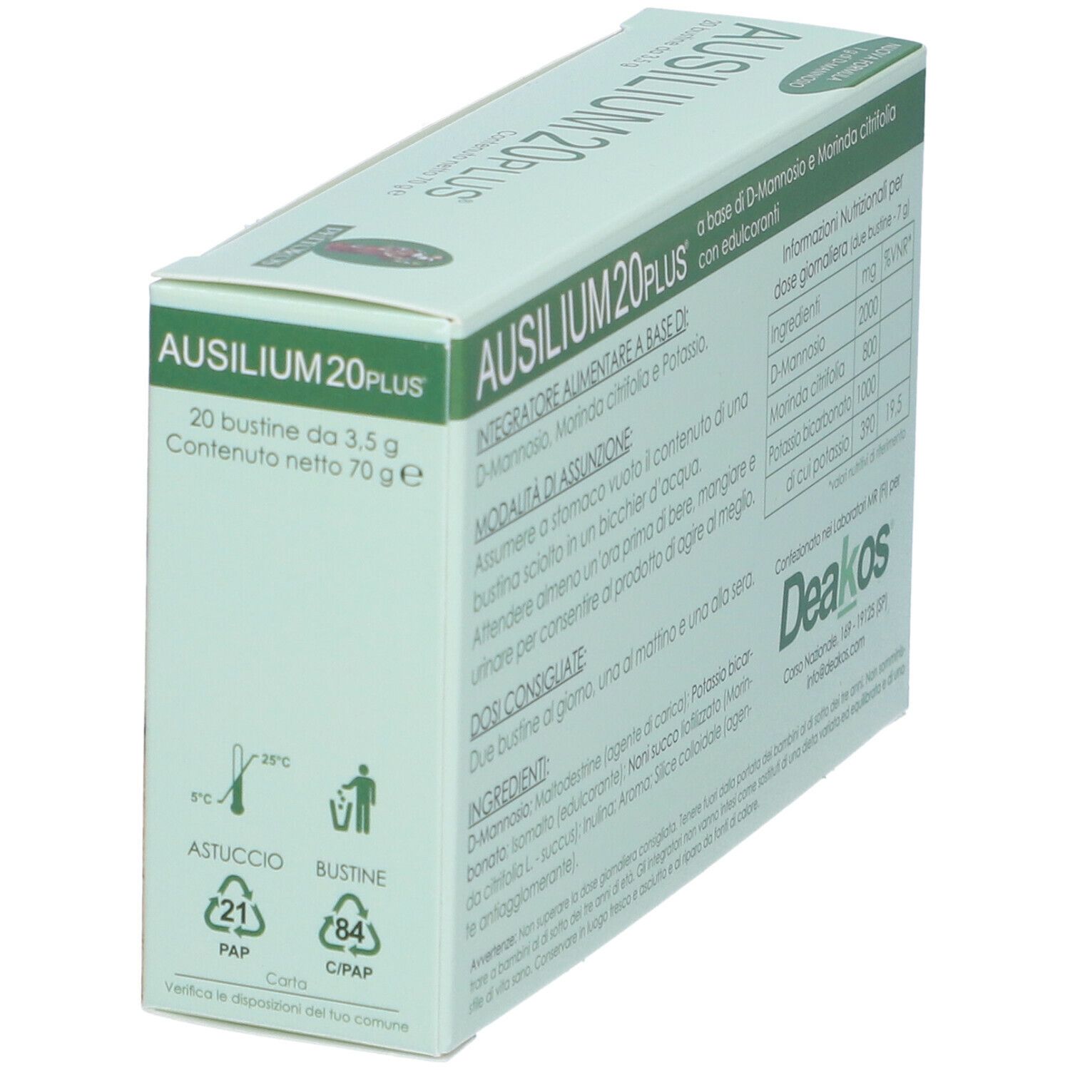 Boîte Ausilium 20 Plus® Bustine en biais. Vert et beige, informations et logo.