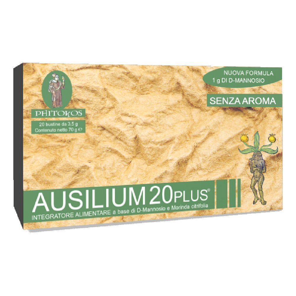 Boîte AUSILIUM 20 Plus. Couleurs vert et marron. Inscription : 20 sachets, sans arôme. Logo avec une figure.