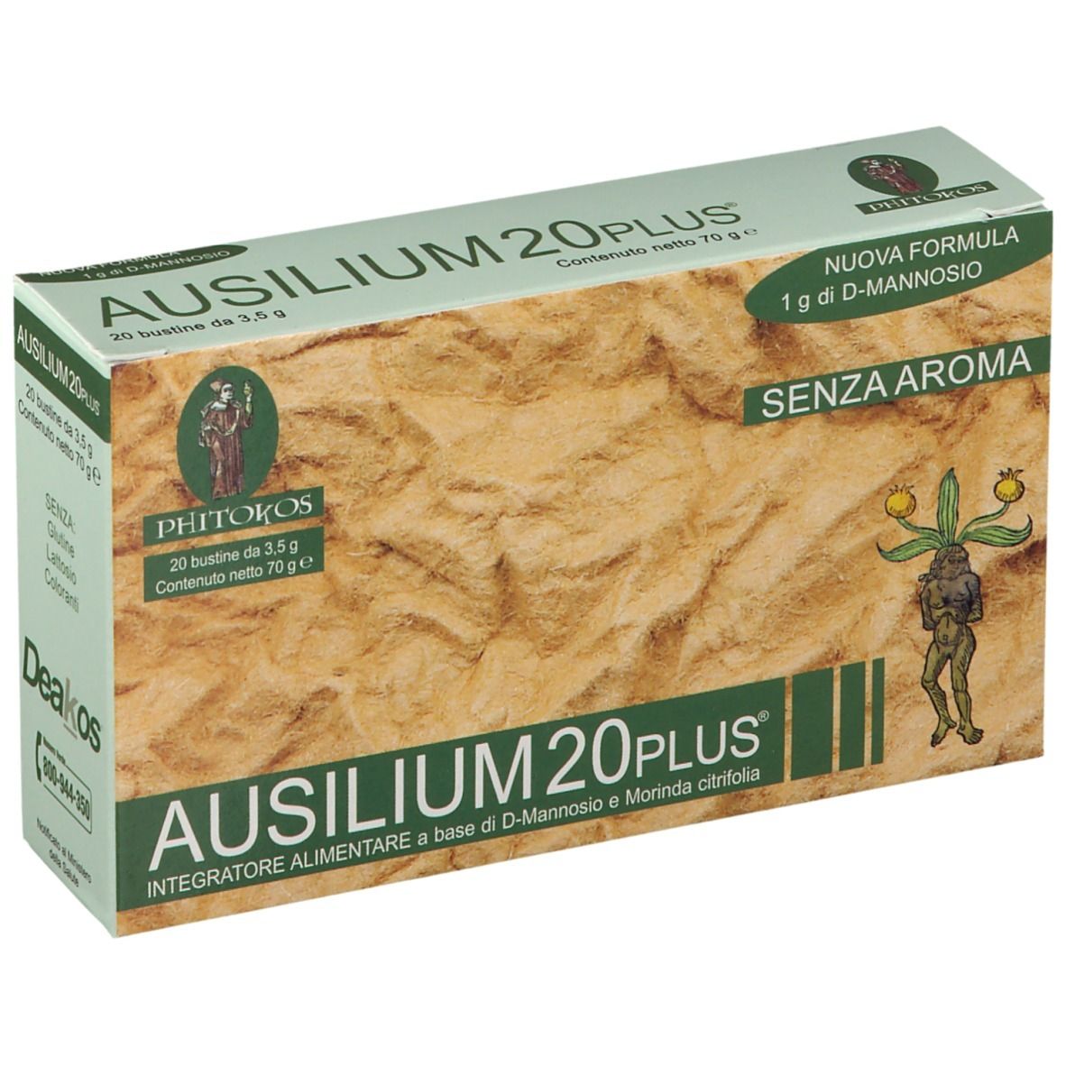 Boîte AUSILIUM 20 Plus, vue de gauche. Inscription : 20 sachets, sans arôme. Logo avec une figure.