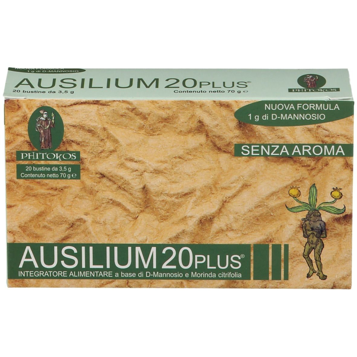 Boîte AUSILIUM 20 Plus. Inscription : 20 sachets, sans arôme. Logo avec une figure.