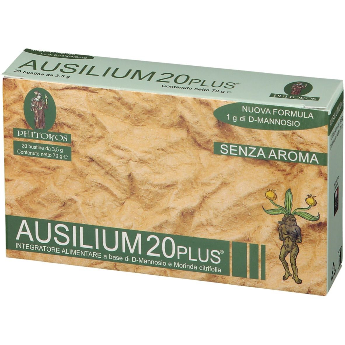 Boîte AUSILIUM 20 Plus. Inscription : 20 sachets, sans arôme. Logo avec une figure.