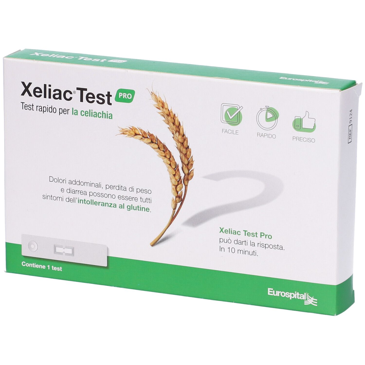 Scatola Xeliac Test Pro. Visibili: spighe di grano, striscia reattiva, loghi. Testo in italiano.