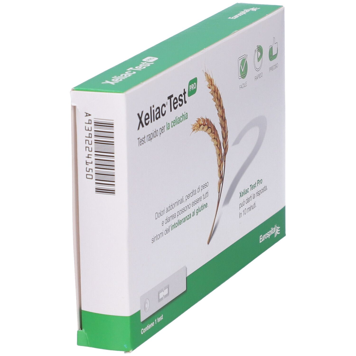 Scatola Xeliac Test Pro, in prospettiva. Confezione verde e bianca. Testo e loghi in italiano.
