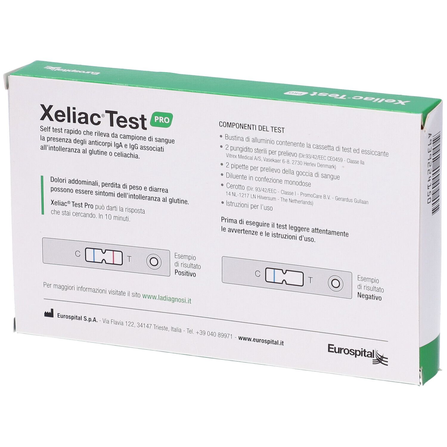 Retro della scatola Xeliac Test Pro. Testo in italiano. Contiene componenti del test e istruzioni.