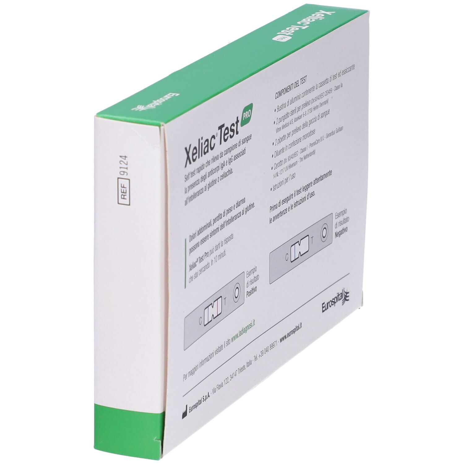Scatola Xeliac Test Pro, in prospettiva. Testo e loghi in italiano. Contiene componenti del test.
