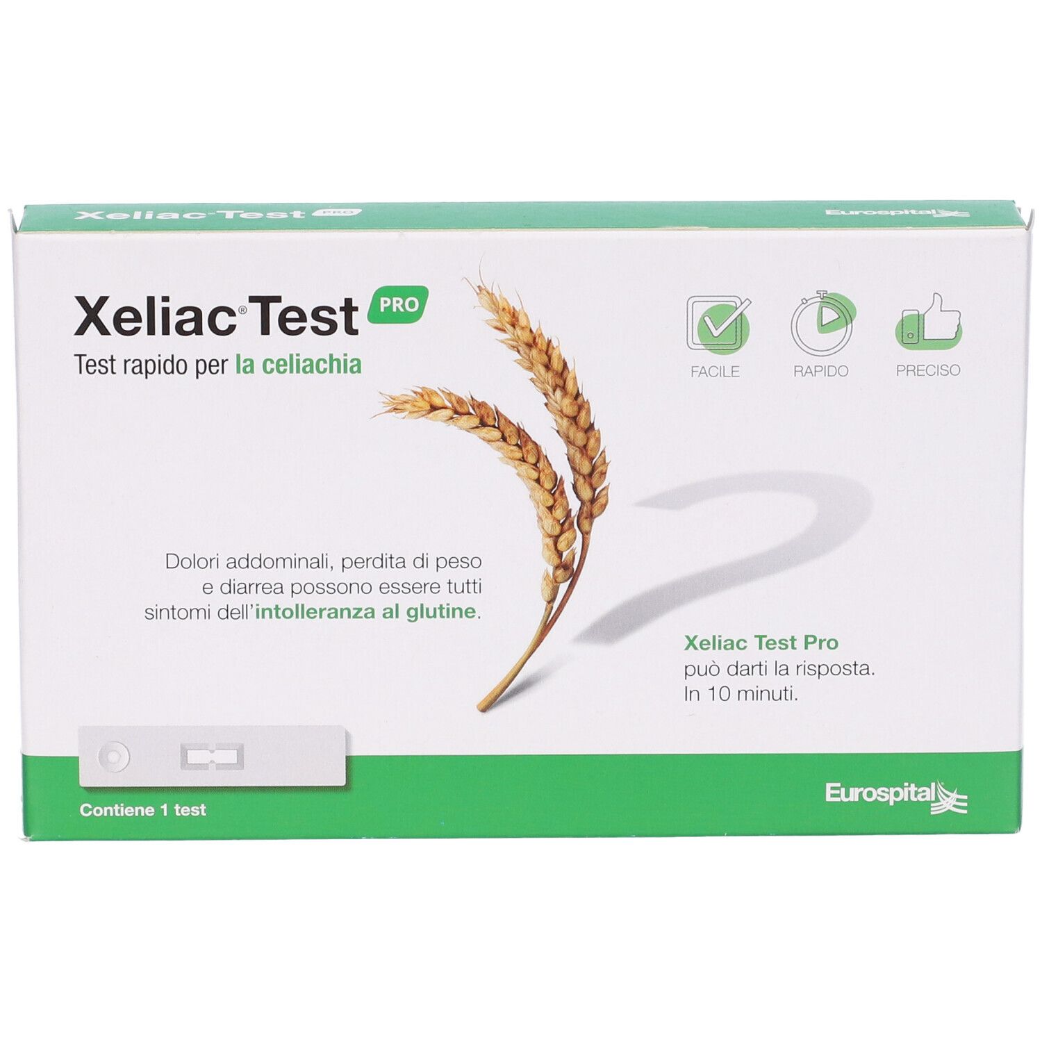 Scatola Xeliac Test Pro. Visibili: spighe di grano, striscia reattiva, loghi. Testo in italiano.