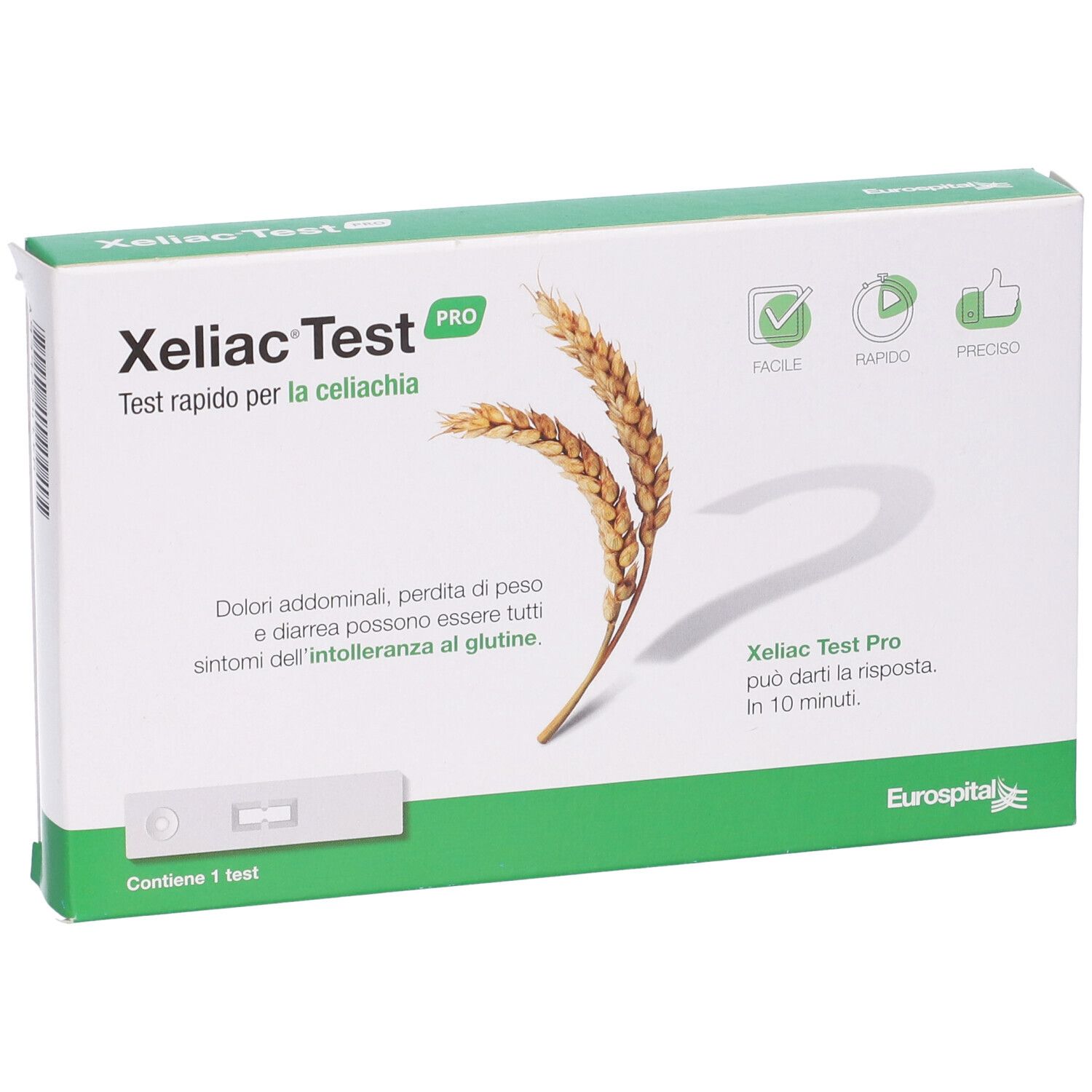 Scatola Xeliac Test Pro. Visibili: spighe di grano, striscia reattiva, loghi. Testo in italiano.