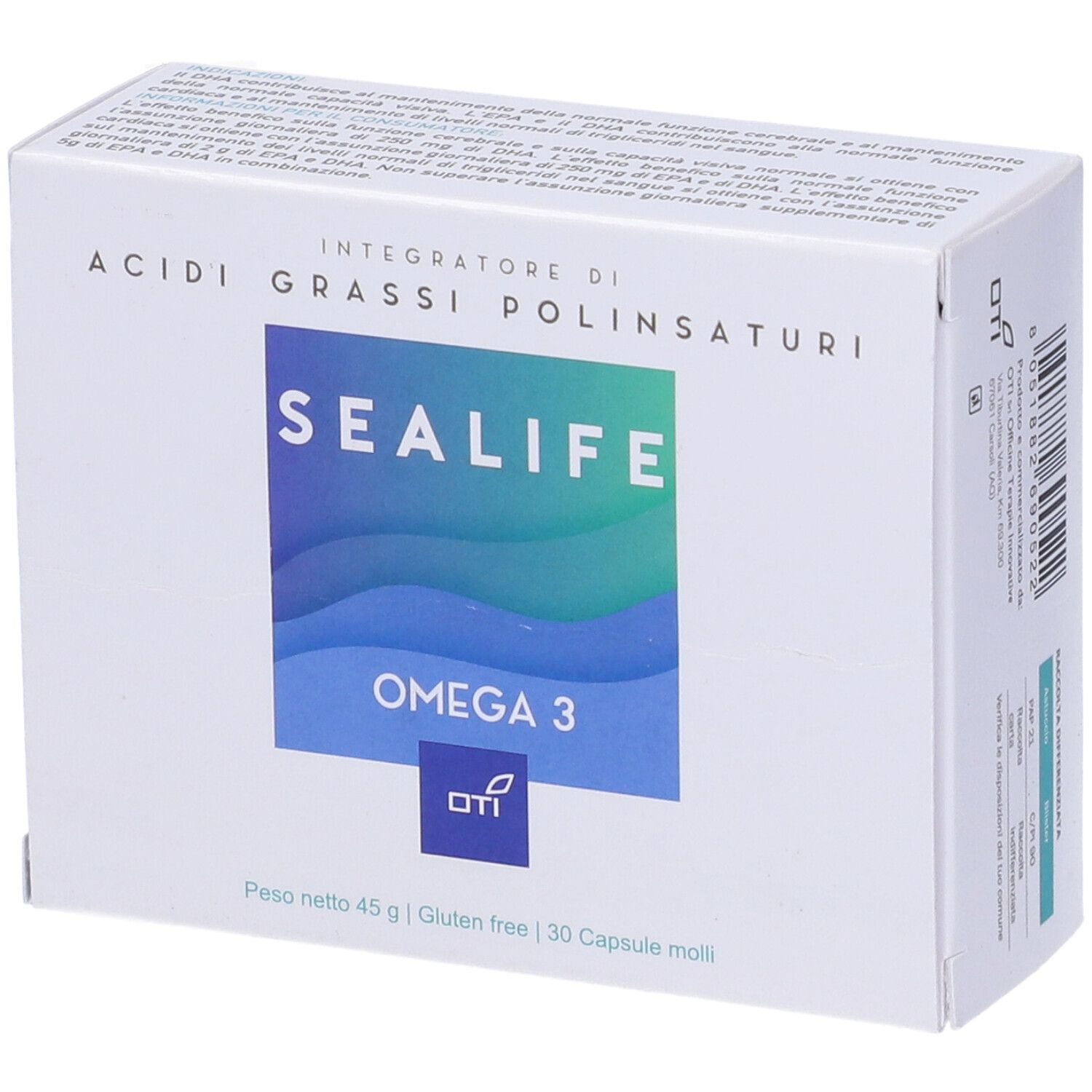 Scatola bianca con "Sea Life Omega 3". Testo: "Integratore di acidi grassi polinsaturi". In basso: "30 capsule molli".
