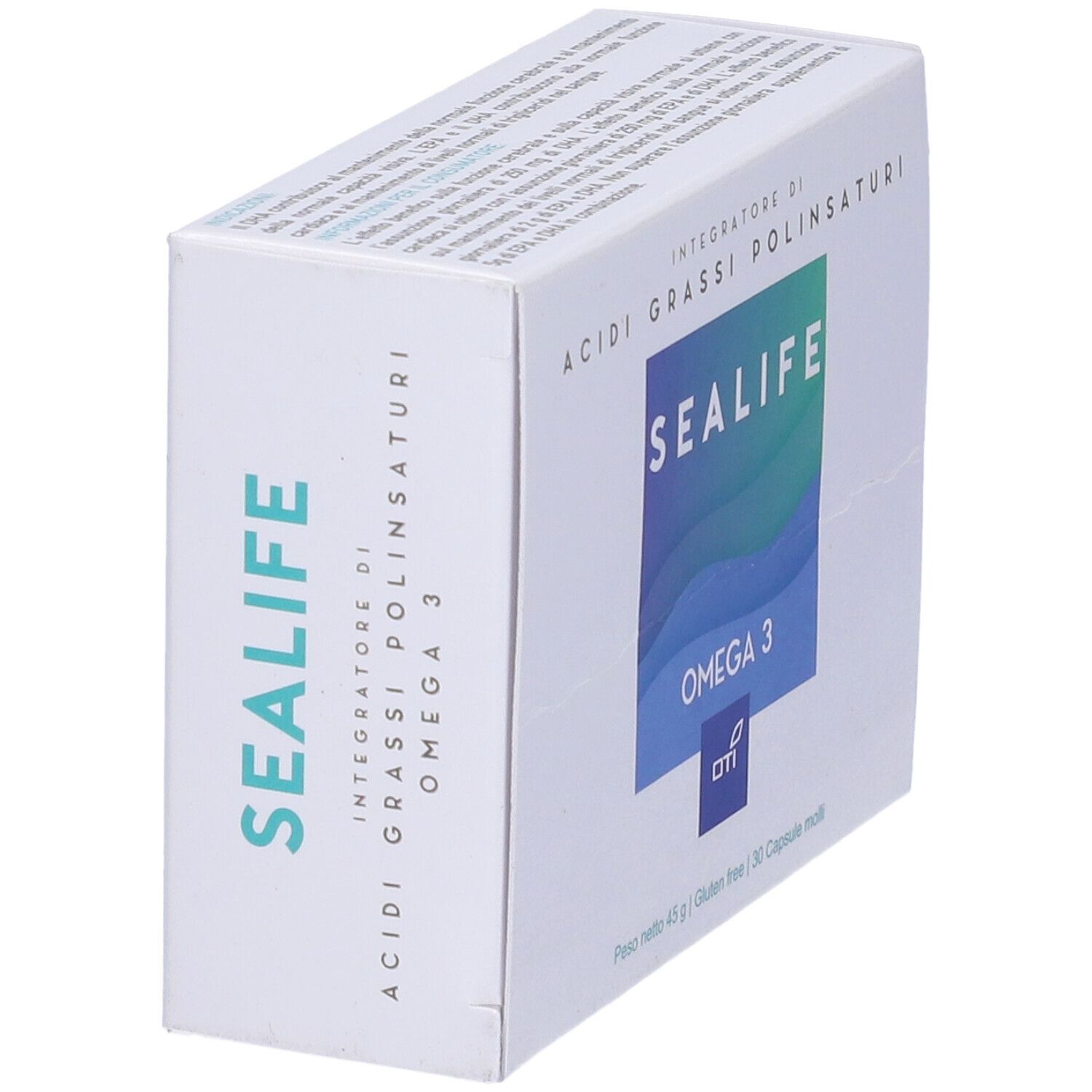 Scatola bianca con "Sea Life Omega 3". Testo: "Integratore di acidi grassi polinsaturi". In basso: "30 capsule molli".