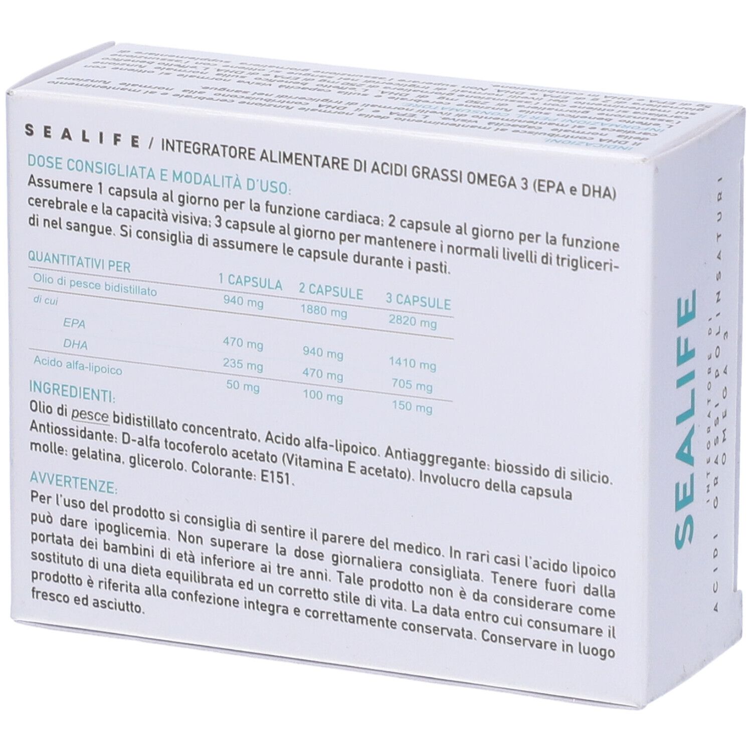 Scatola bianca con "Sea Life Omega 3". Testo: "Integratore di acidi grassi polinsaturi". In basso: "30 capsule molli".