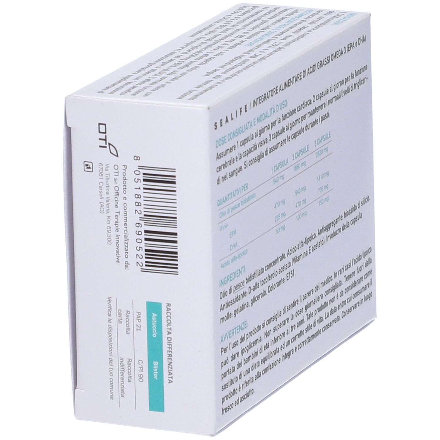 Scatola bianca con "Sea Life Omega 3". Testo: "Integratore di acidi grassi polinsaturi". In basso: "30 capsule molli".