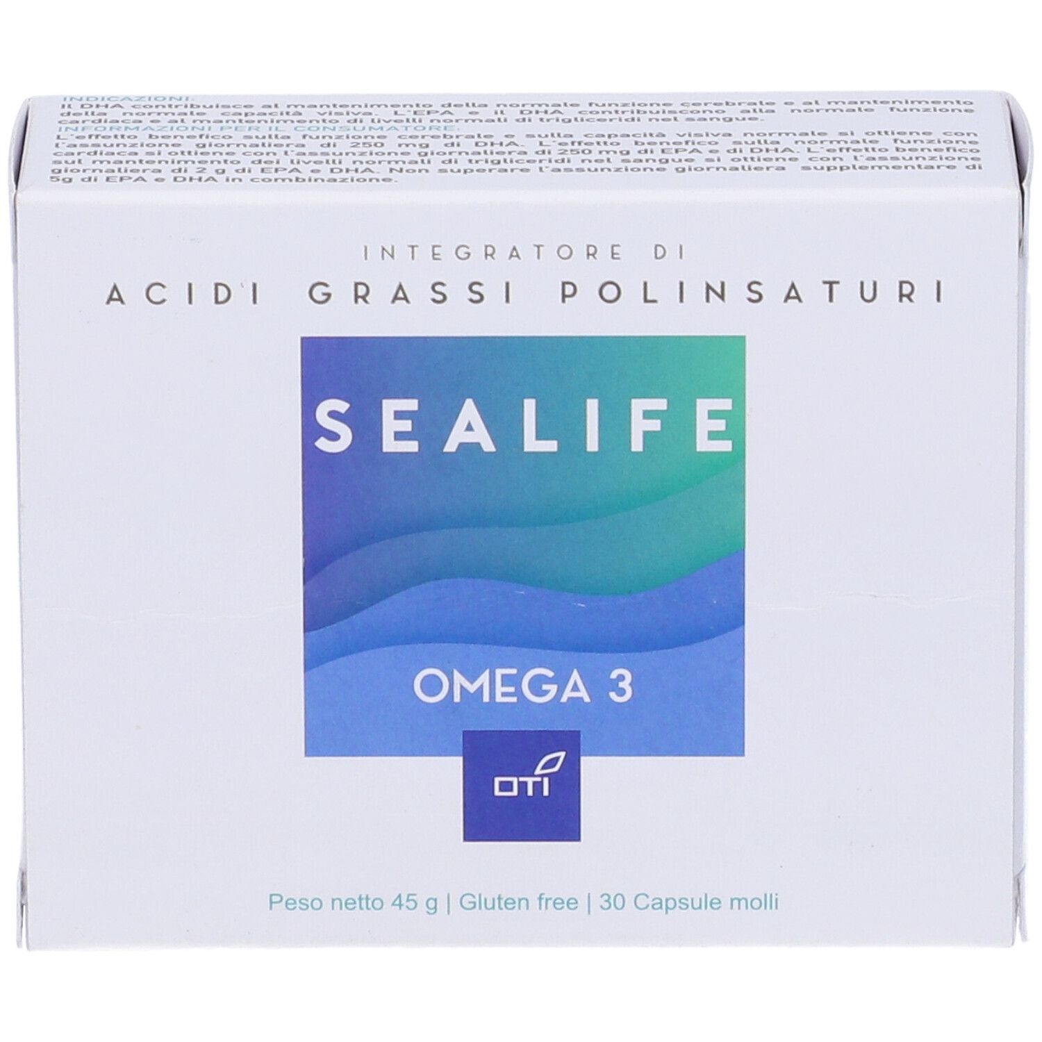 Scatola bianca con "Sea Life Omega 3". Testo: "Integratore di acidi grassi polinsaturi". In basso: "30 capsule molli".