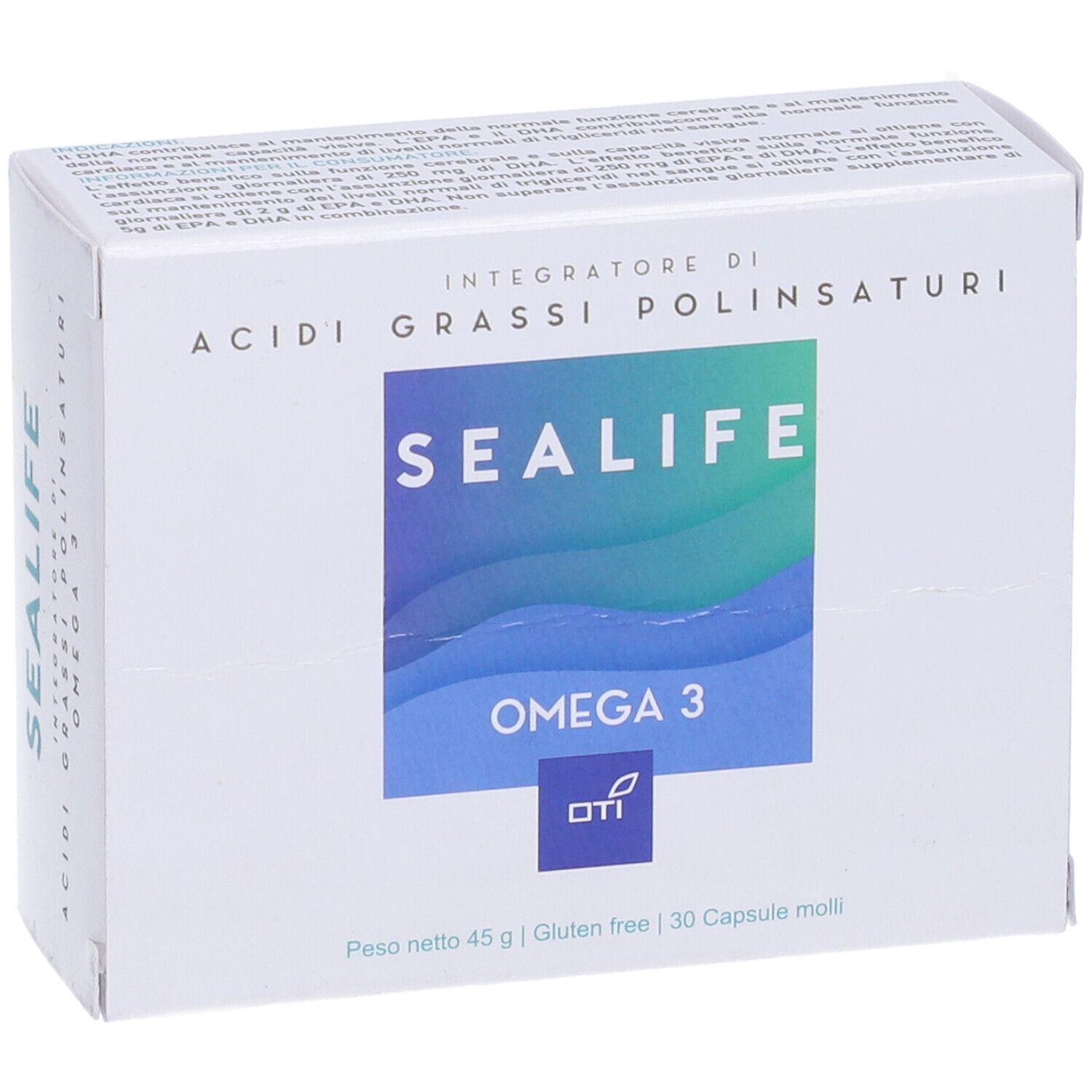 Scatola bianca con "Sea Life Omega 3". Testo: "Integratore di acidi grassi polinsaturi". In basso: "30 capsule molli".