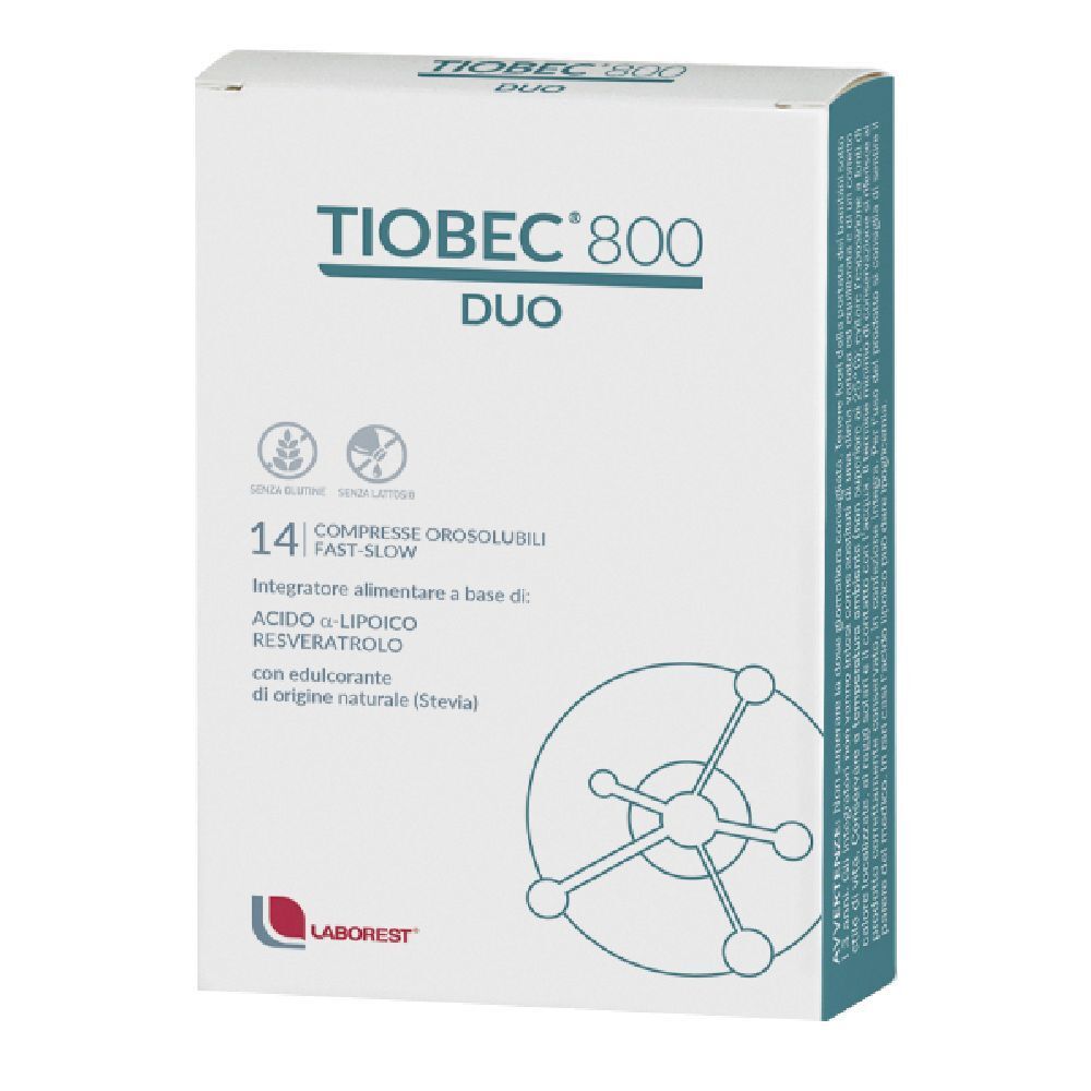 Scatola "Tiobec 800 DUO". 14 compresse. Logo LABOREST®. Confezione bianca con dettagli blu.