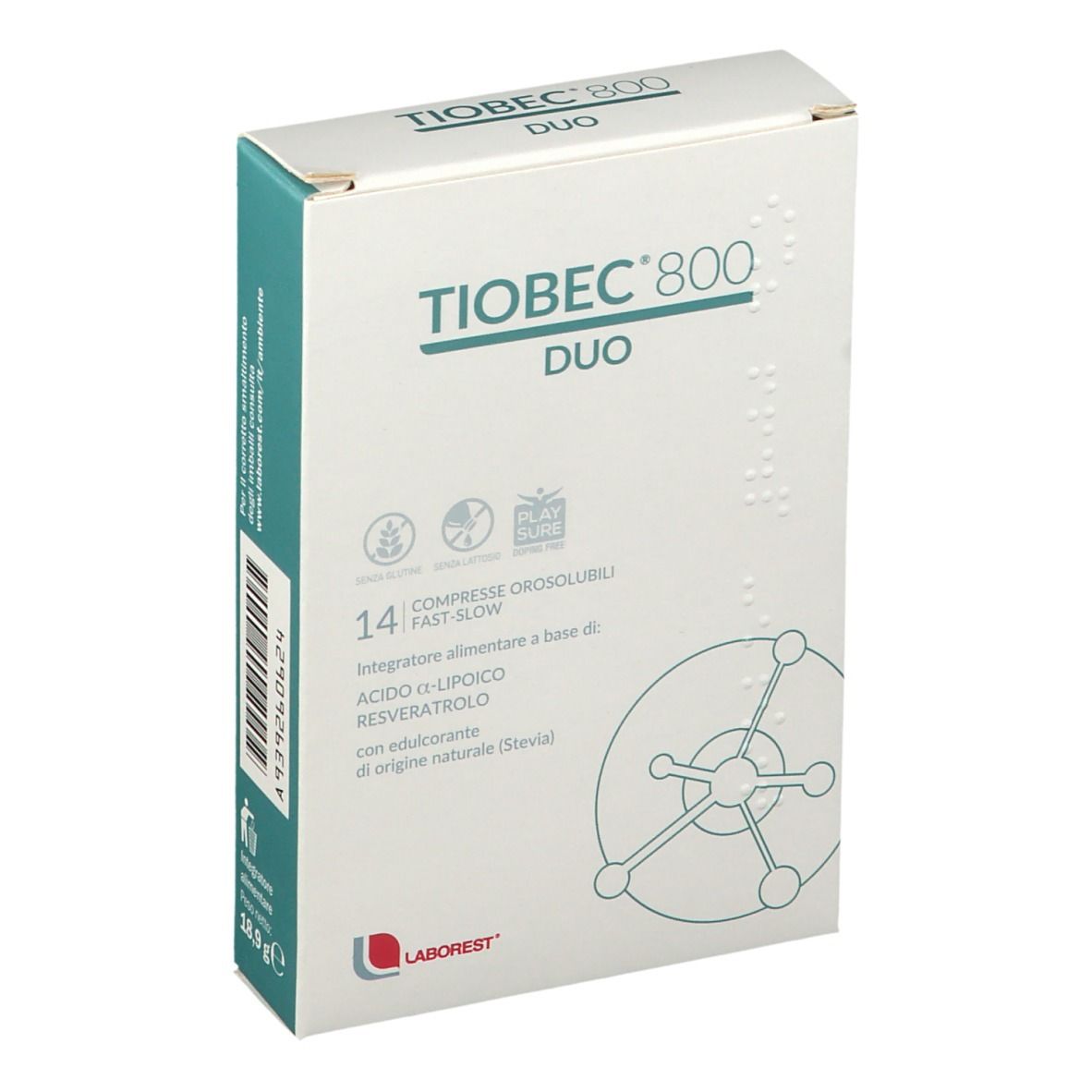 Scatola "Tiobec 800 DUO". 14 compresse. Logo LABOREST®. Confezione bianca con dettagli blu. Vista prospettica.