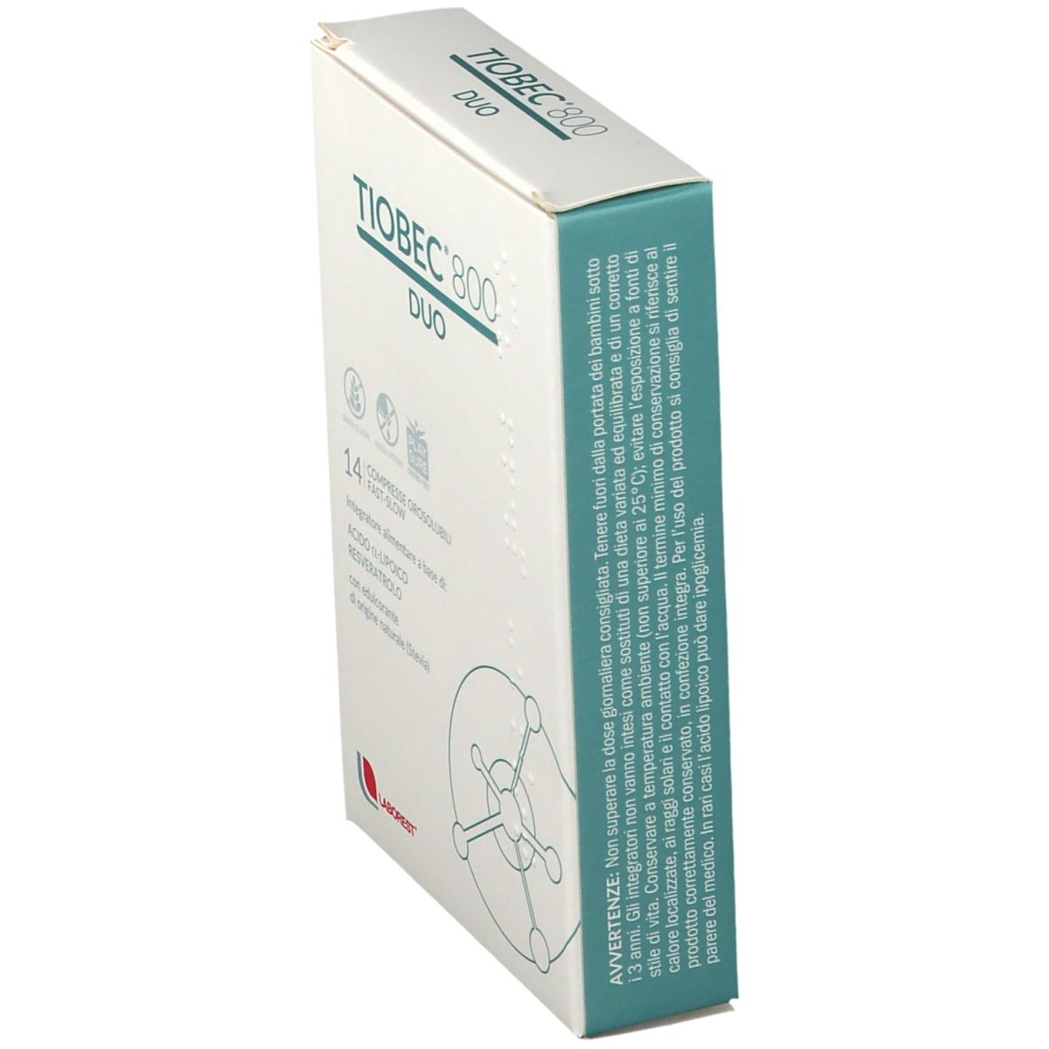 Scatola "Tiobec 800 DUO". 14 compresse. Logo LABOREST®. Confezione bianca con dettagli blu. Vista laterale.