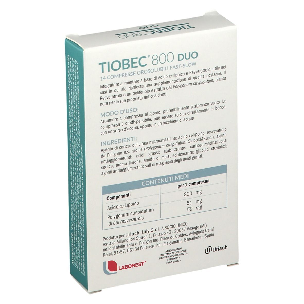 Retro della scatola "Tiobec 800 DUO". Informazioni testuali, ingredienti, produttore. Logo LABOREST®.