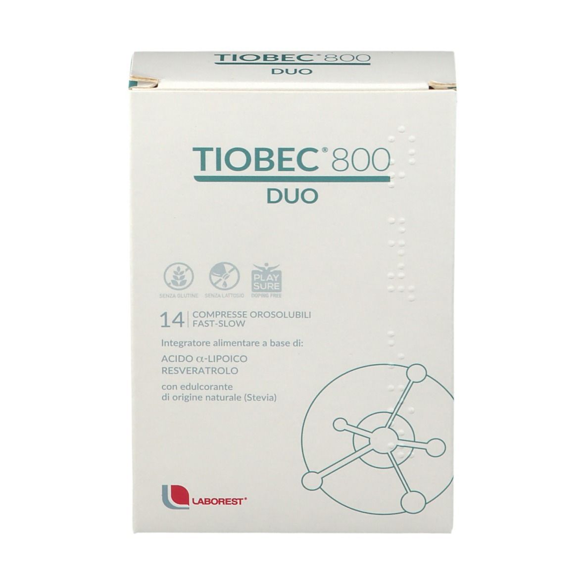 Scatola "Tiobec 800 DUO". 14 compresse. Logo LABOREST®. Confezione bianca con dettagli blu. Vista frontale.
