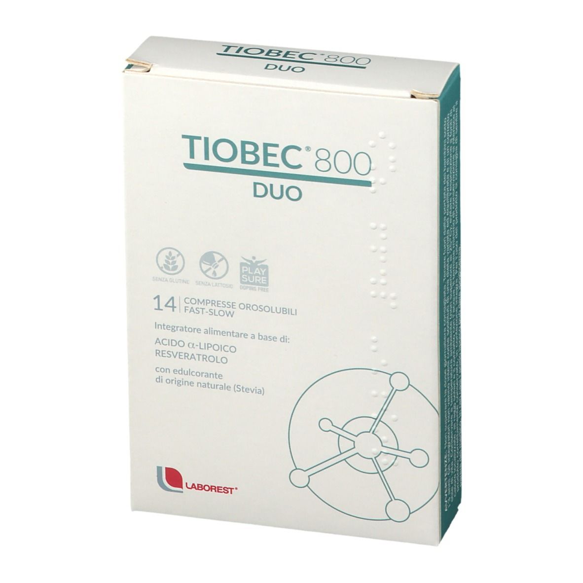 Scatola "Tiobec 800 DUO". 14 compresse. Logo LABOREST®. Confezione bianca con dettagli blu. Vista frontale.