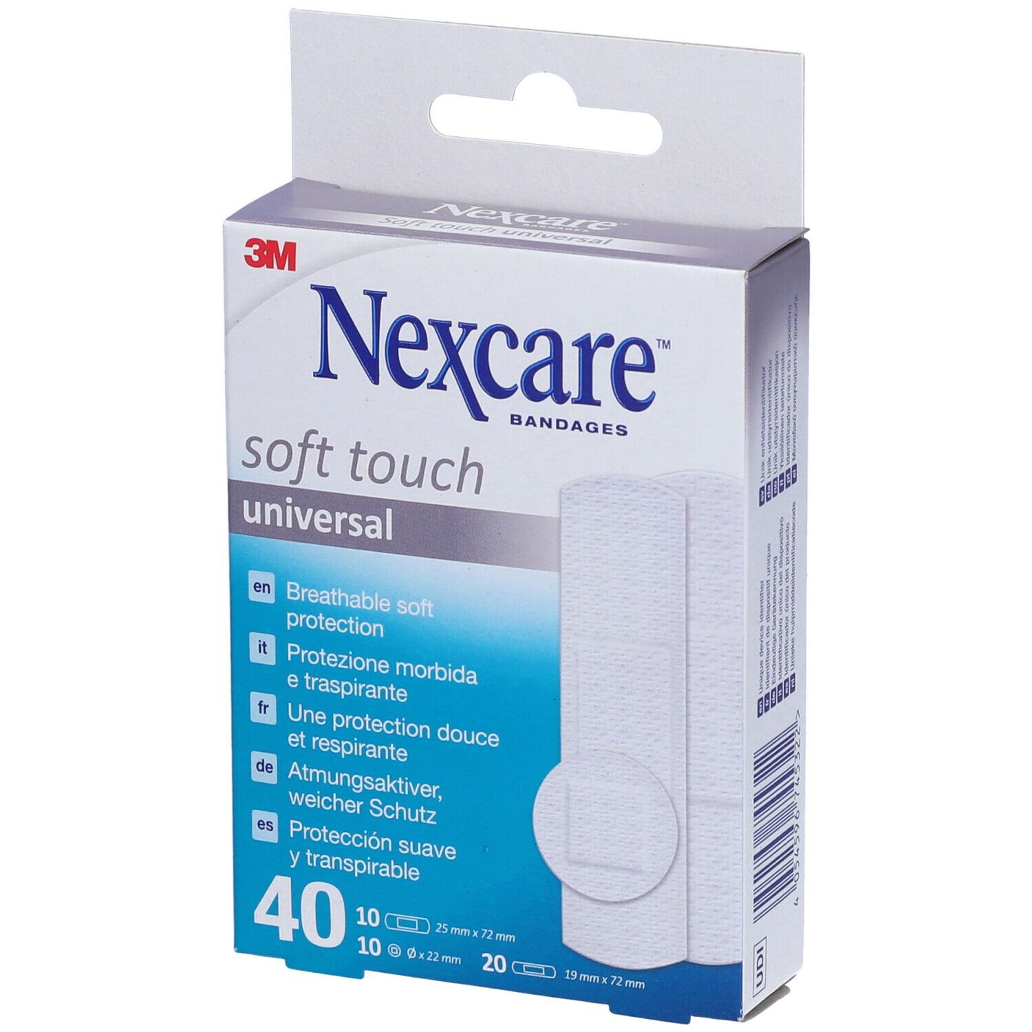 Boîte de pansements Nexcare Soft Touch Universal. Contient 40 pansements. Texte : 'Protection douce et respirante'.