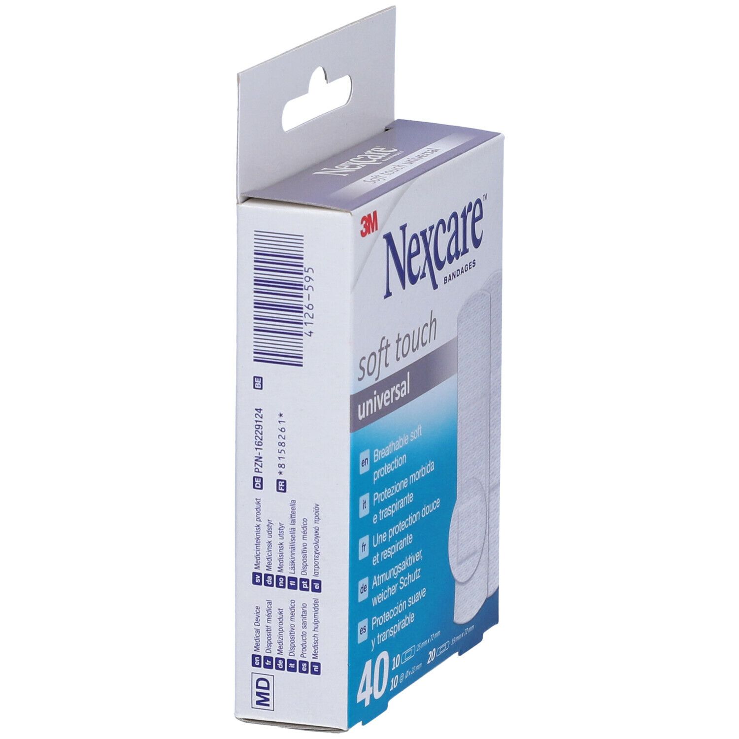Vue latérale de la boîte de pansements Nexcare Soft Touch. Texte : 'Nexcare', 'soft touch universal'. Contient 40 pansements.