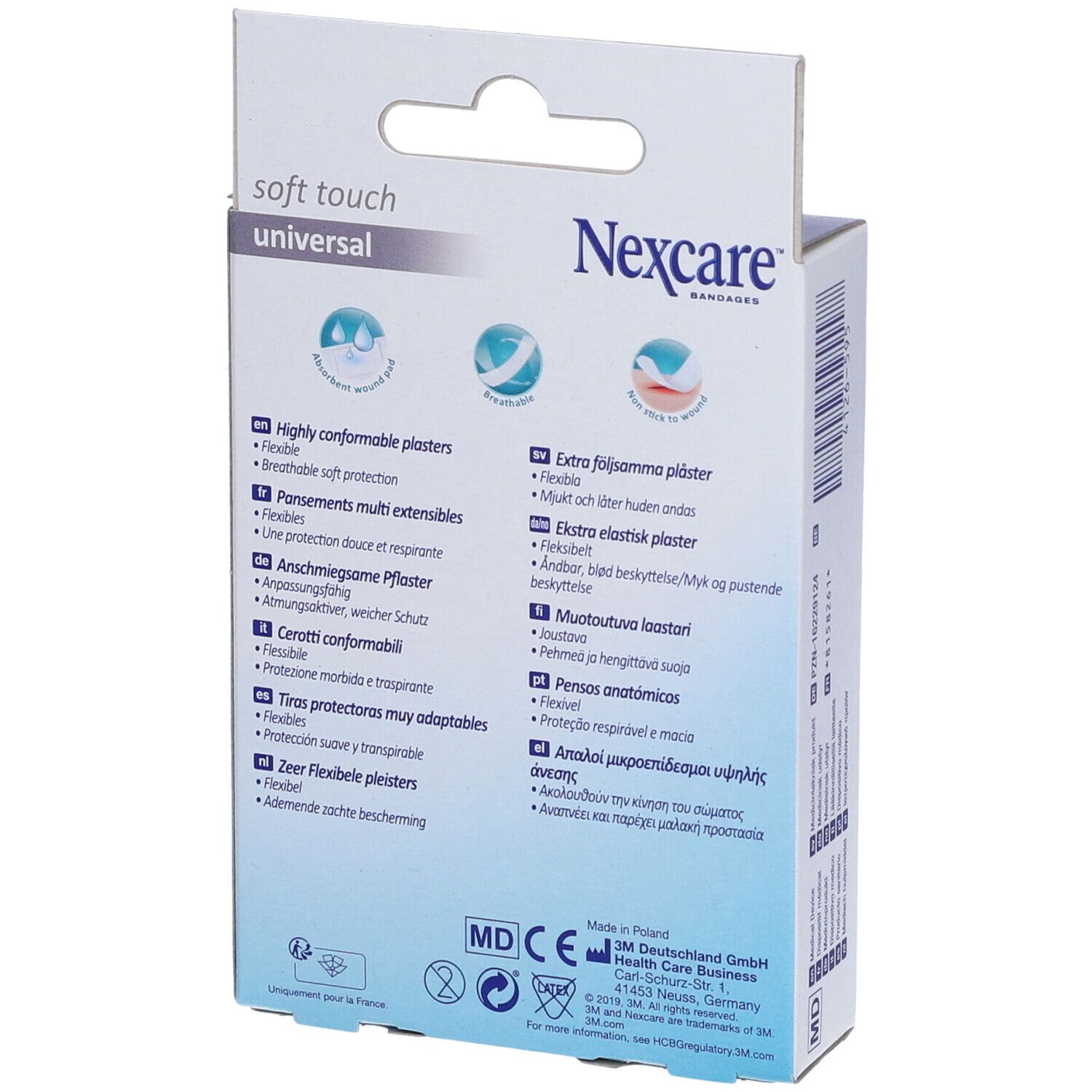Dos de la boîte de pansements Nexcare Soft Touch. Texte : 'Nexcare', 'soft touch universal'. Descriptions multilingues.
