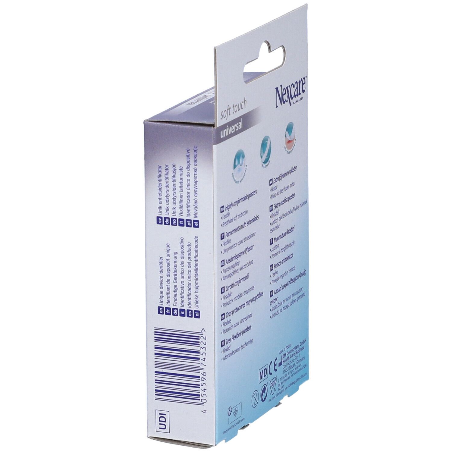 Vue latérale de la boîte de pansements Nexcare Soft Touch. Texte : 'Nexcare', 'soft touch universal'. Code-barres et UDI.