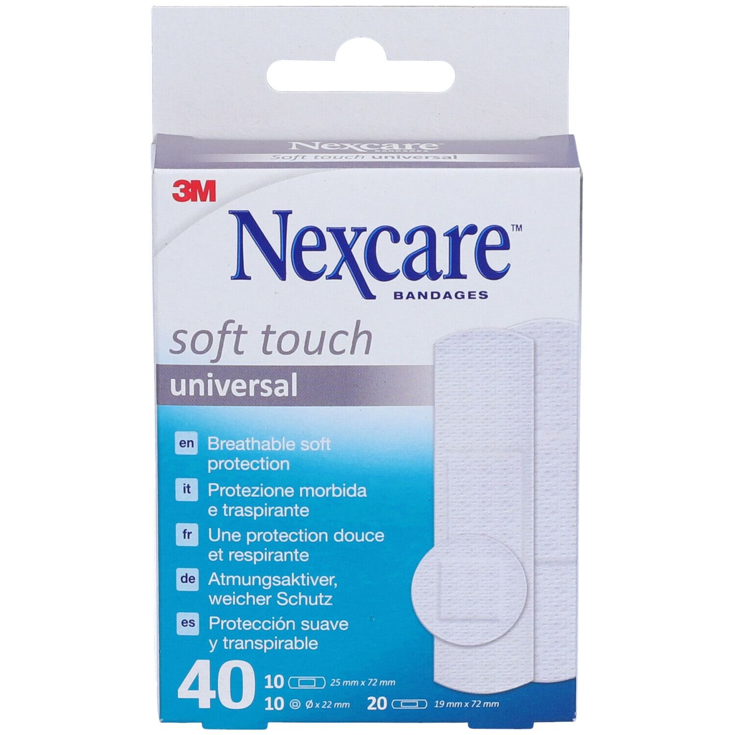 Boîte de pansements Nexcare Soft Touch Universal. Contient 40 pansements. Texte : 'Protection douce et respirante'.