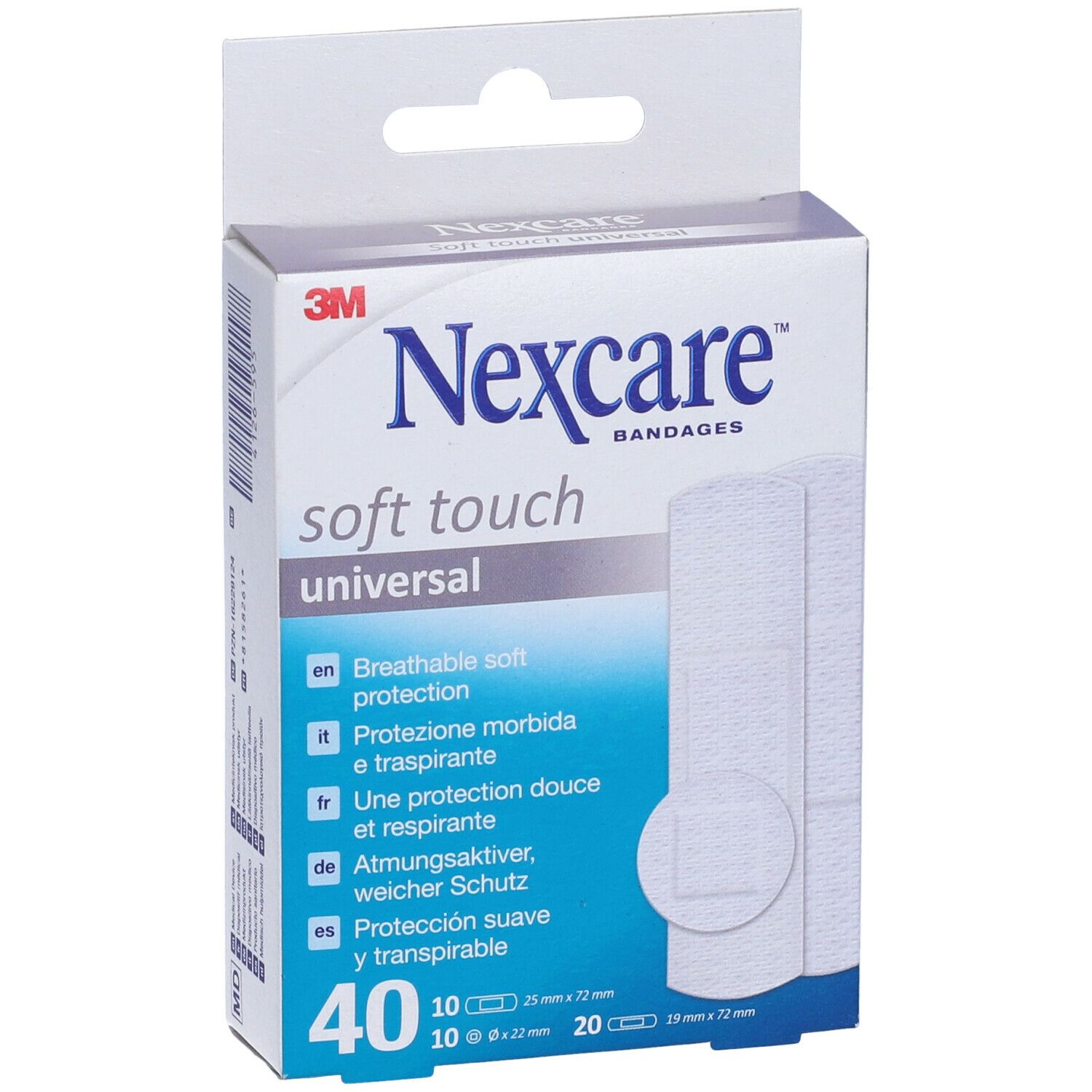 Boîte de pansements Nexcare Soft Touch Universal. Contient 40 pansements. Texte : 'Protection douce et respirante'.