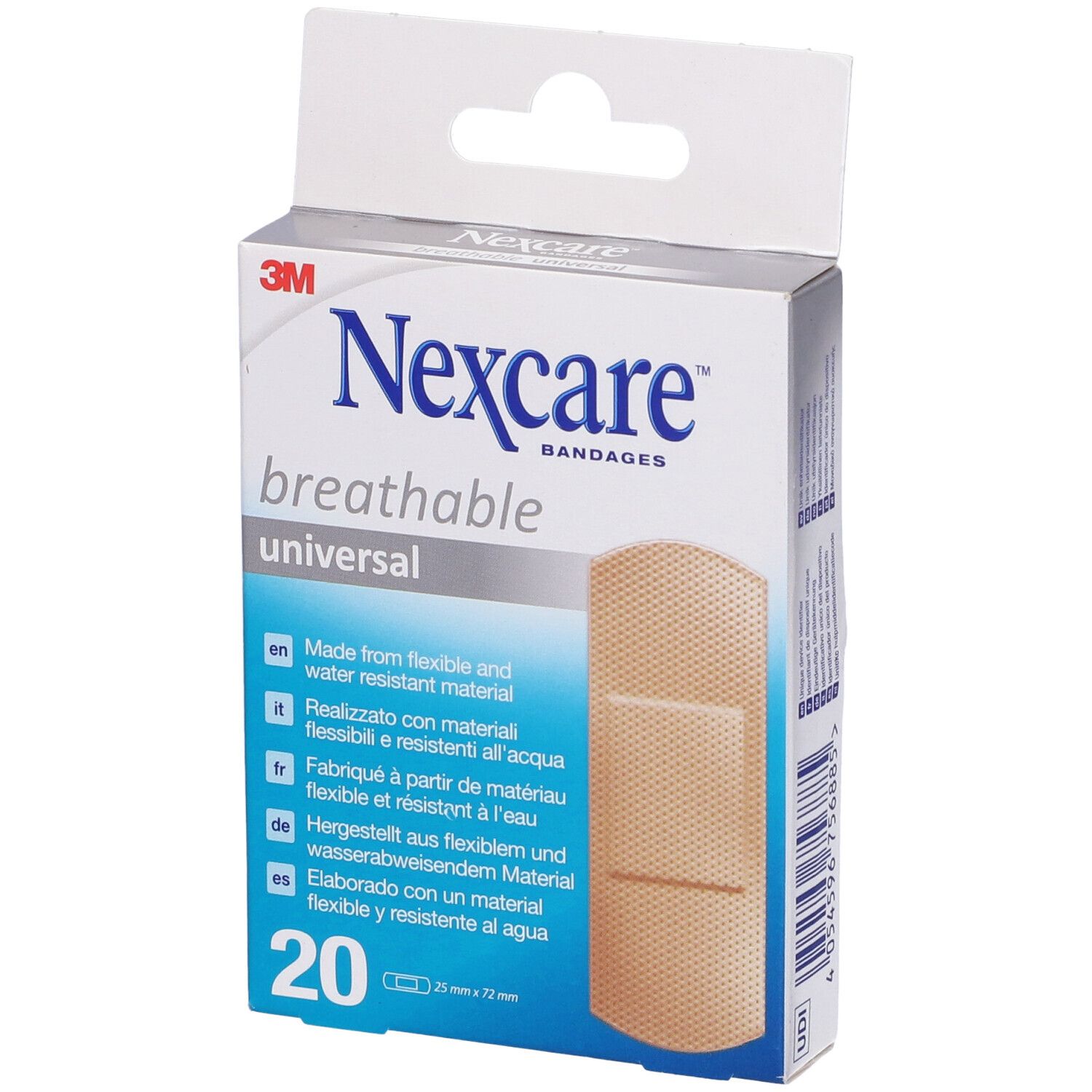 Boîte de pansements Nexcare Universal. 20 unités, 25 x 72 mm. Imperméable, respirant.