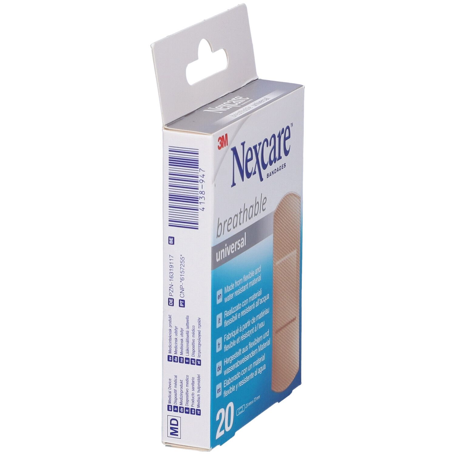 Vue latérale de la boîte de pansements Nexcare Universal. 20 unités. Imperméable, respirant.