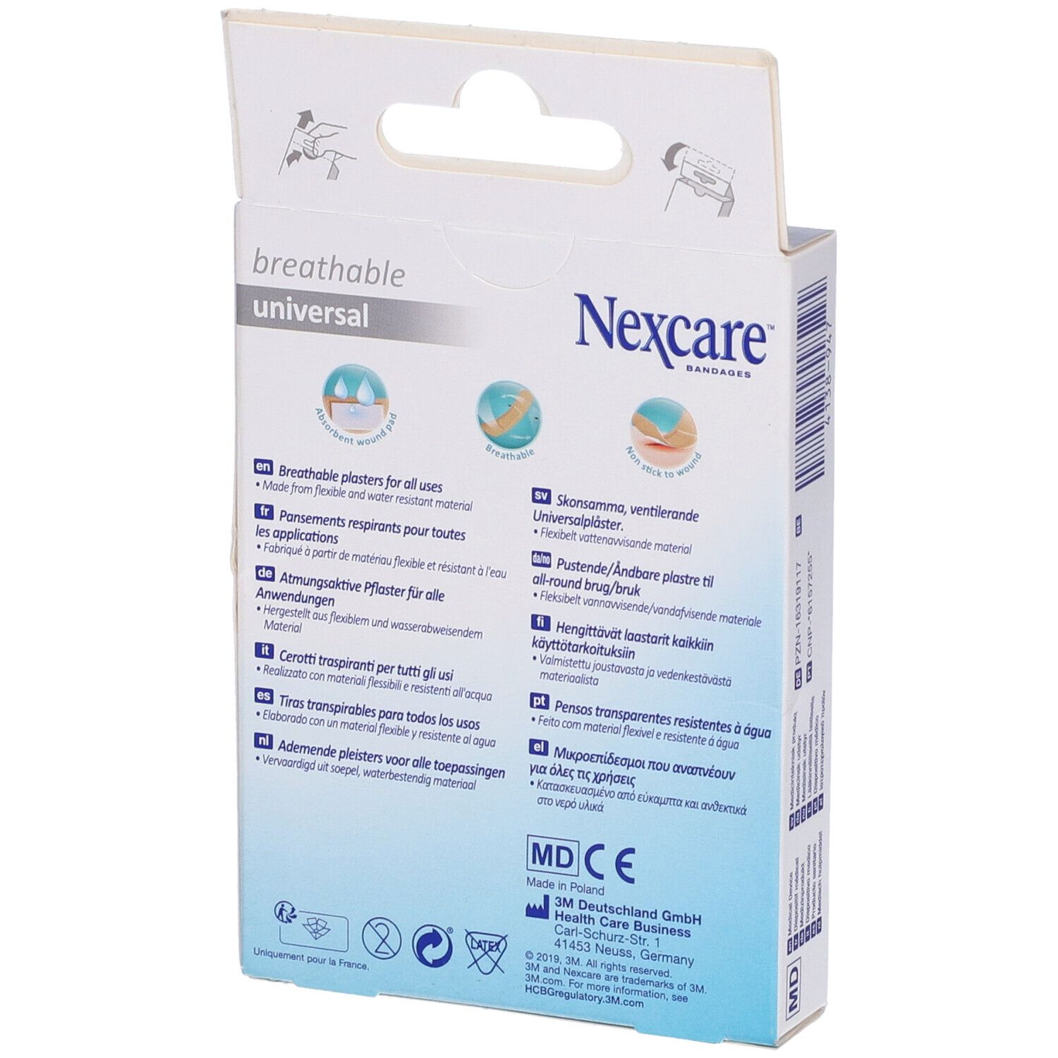 Dos de la boîte de pansements Nexcare Universal. Informations sur les pansements respirants.