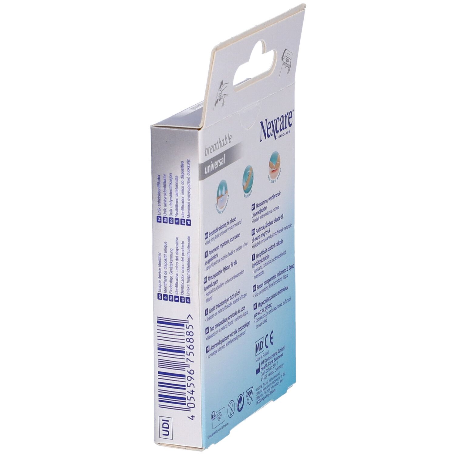 Vue latérale de la boîte de pansements Nexcare Universal. Code-barres et informations produit.