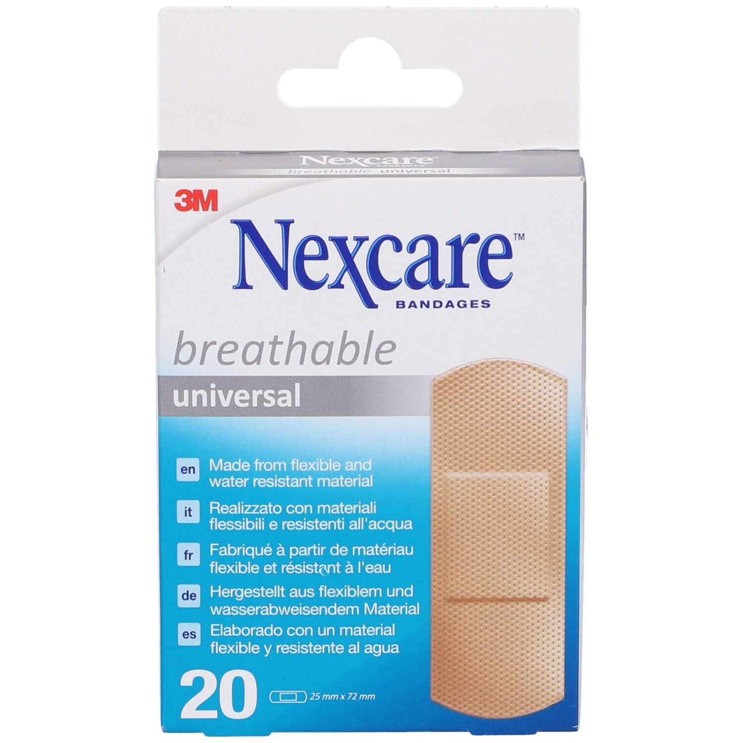 Vue de face de la boîte de pansements Nexcare Universal. 20 unités, 25 x 72 mm. Imperméable.