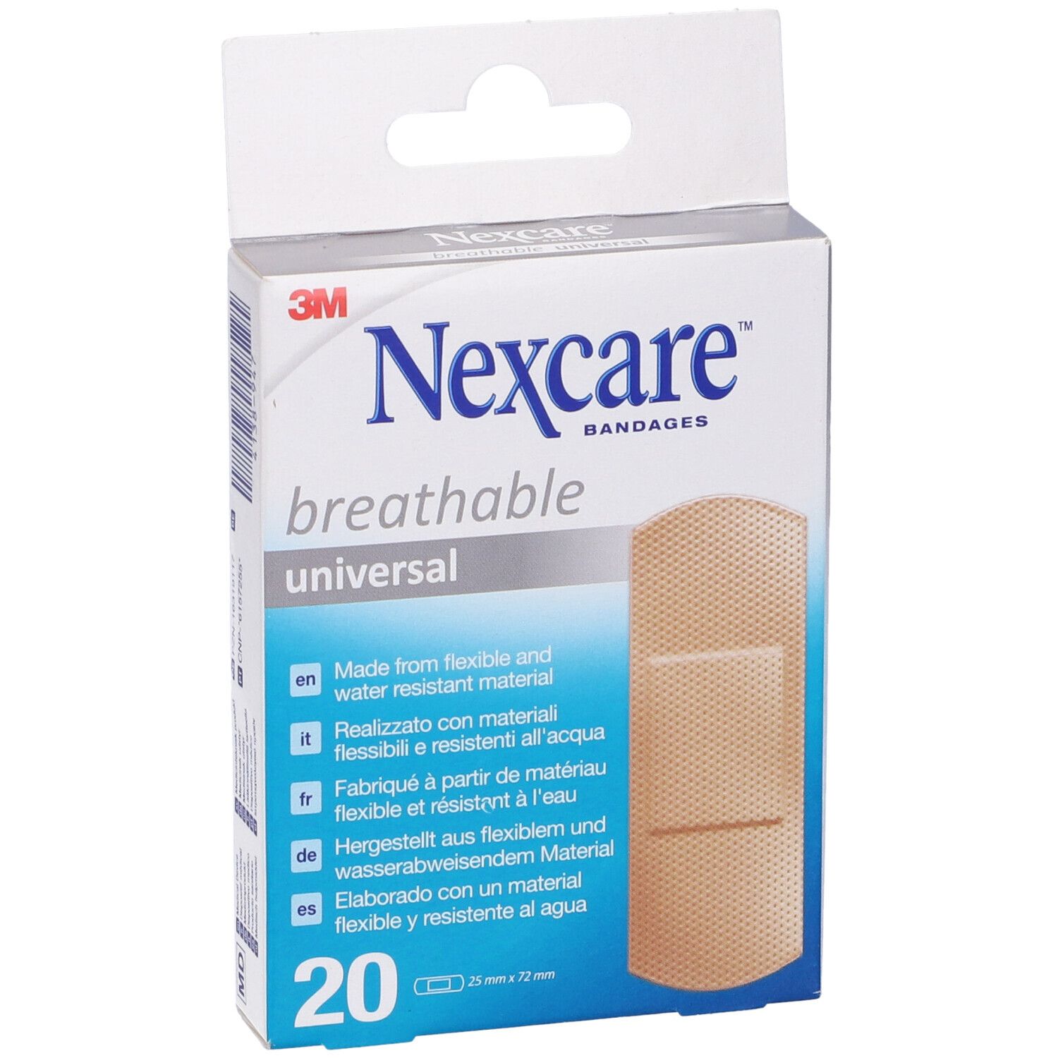 Vue de face de la boîte de pansements Nexcare Universal. 20 unités, 25 x 72 mm. Imperméable.