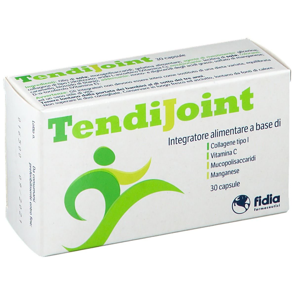 Scatola di capsule "TendiJoint". Contiene 30 capsule. Scritta: "Integratore alimentare a base di". Marchio: Fidia.