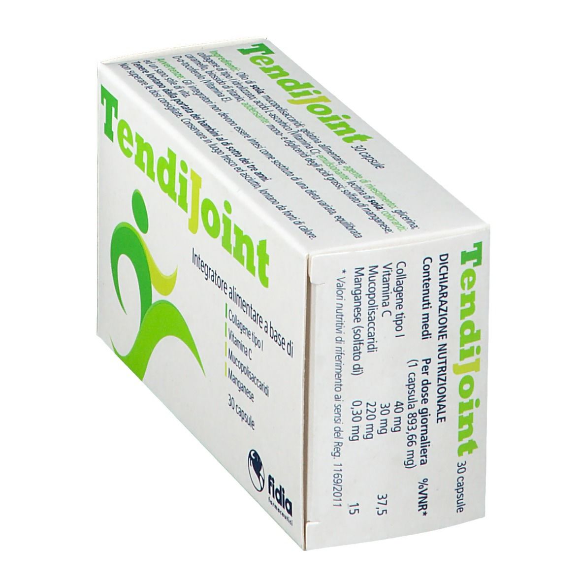 Scatola di capsule "TendiJoint". Contiene 30 capsule. Scritta: "Integratore alimentare a base di". Marchio: Fidia.