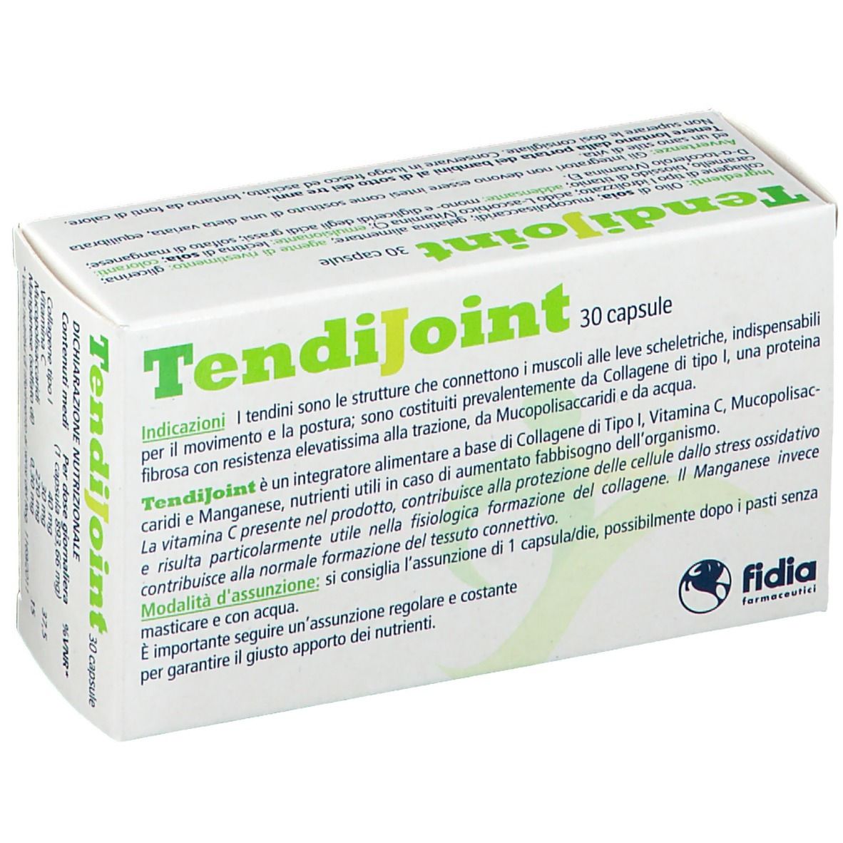 Scatola di capsule "TendiJoint". Contiene 30 capsule. Scritta: "Integratore alimentare a base di". Marchio: Fidia.