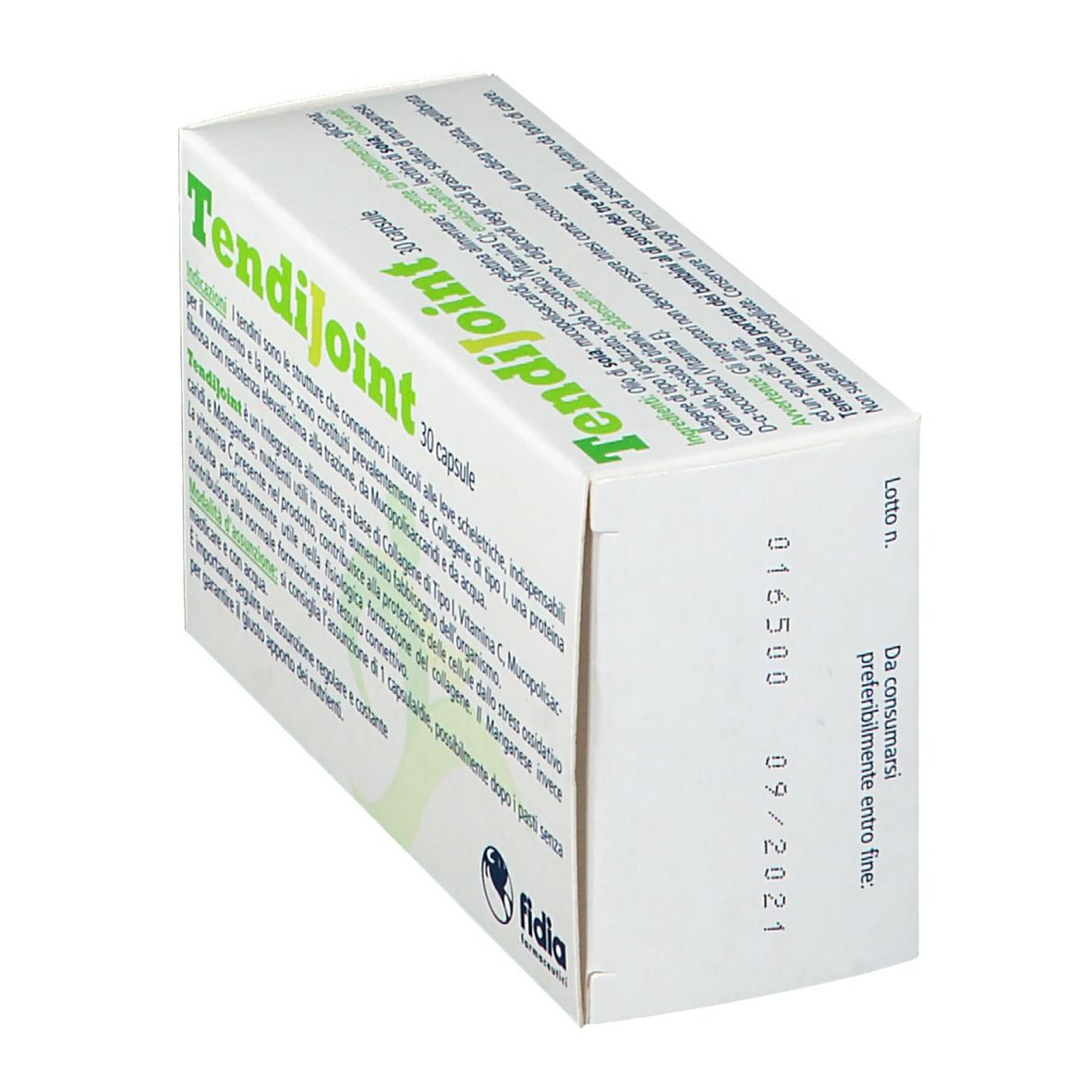 Scatola di capsule "TendiJoint". Contiene 30 capsule. Scritta: "Integratore alimentare a base di". Marchio: Fidia.