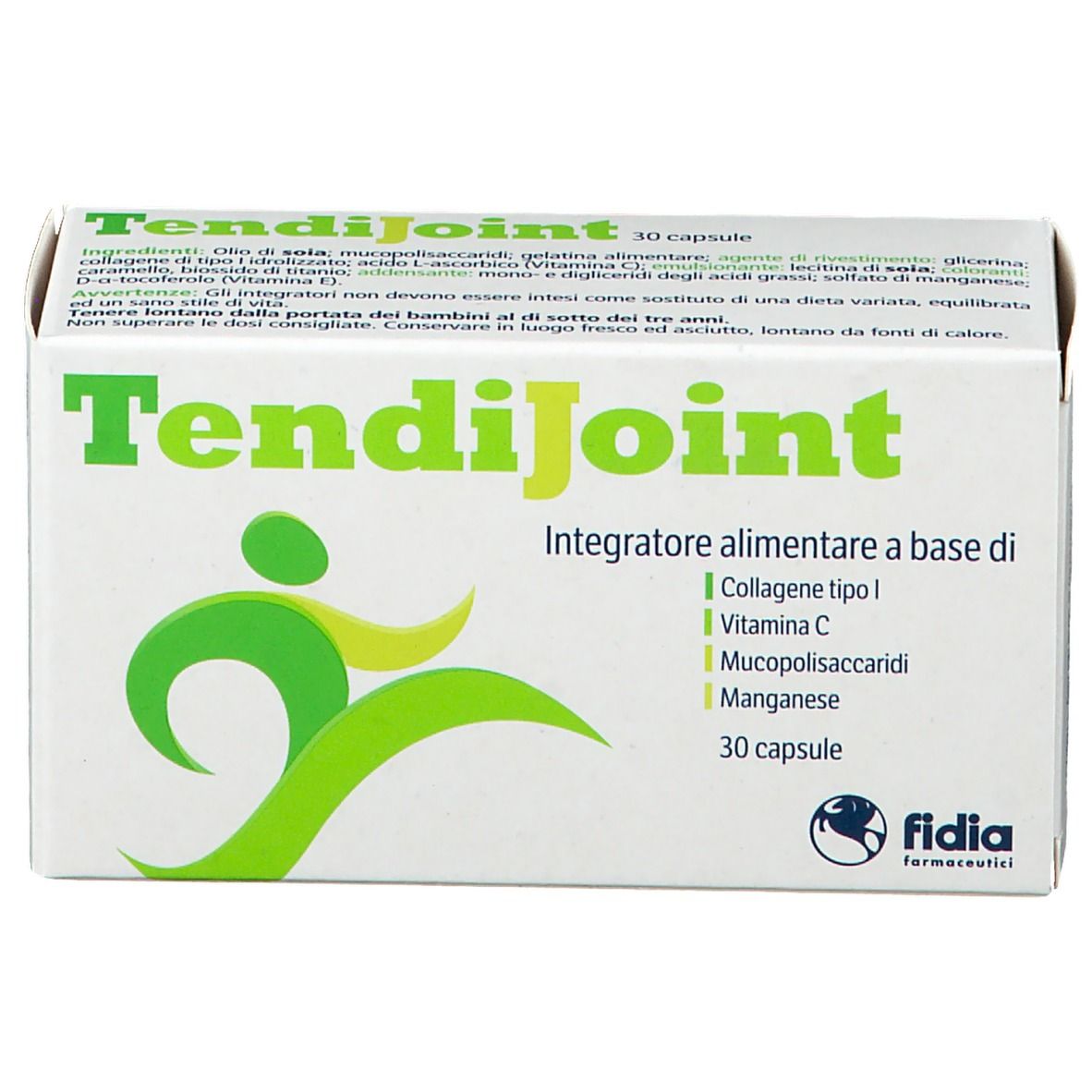 Scatola di capsule "TendiJoint". Contiene 30 capsule. Scritta: "Integratore alimentare a base di". Marchio: Fidia.